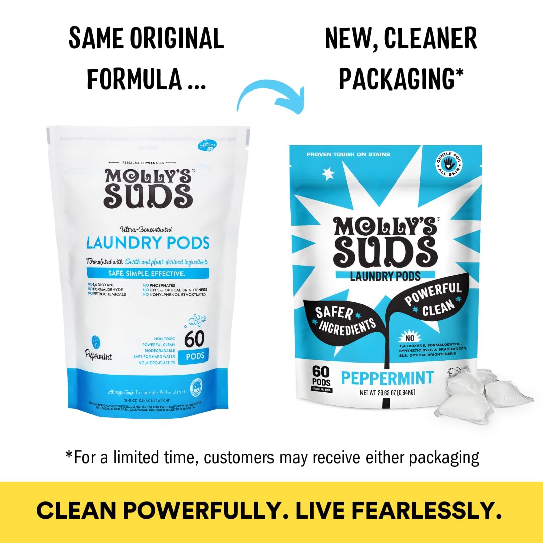 Molly's Suds Laundry Detergent Pods | Clean Detergent for Sensitive Skin | Ultra Concentrated and Stain Fighting | Peppermint - 60 Count