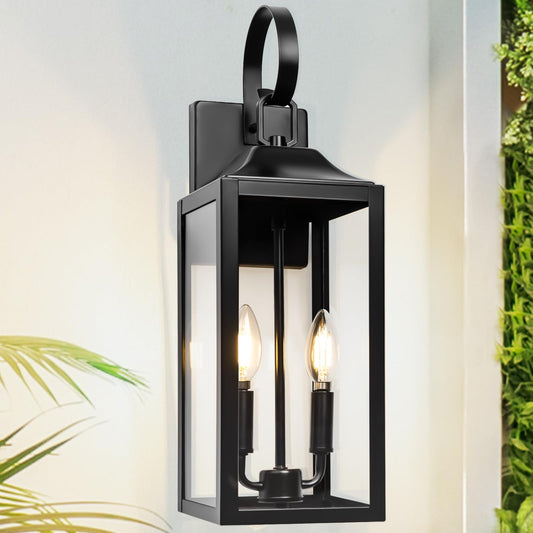 19" Black Outdoor Wall Lantern 2-Light, Large Outside Modern Wall Sconce Light Fixture, Industrial Porch Light Wall Mount with Glass, Waterproof Farmhouse Exterior Lamp Lighting （1 Pack）