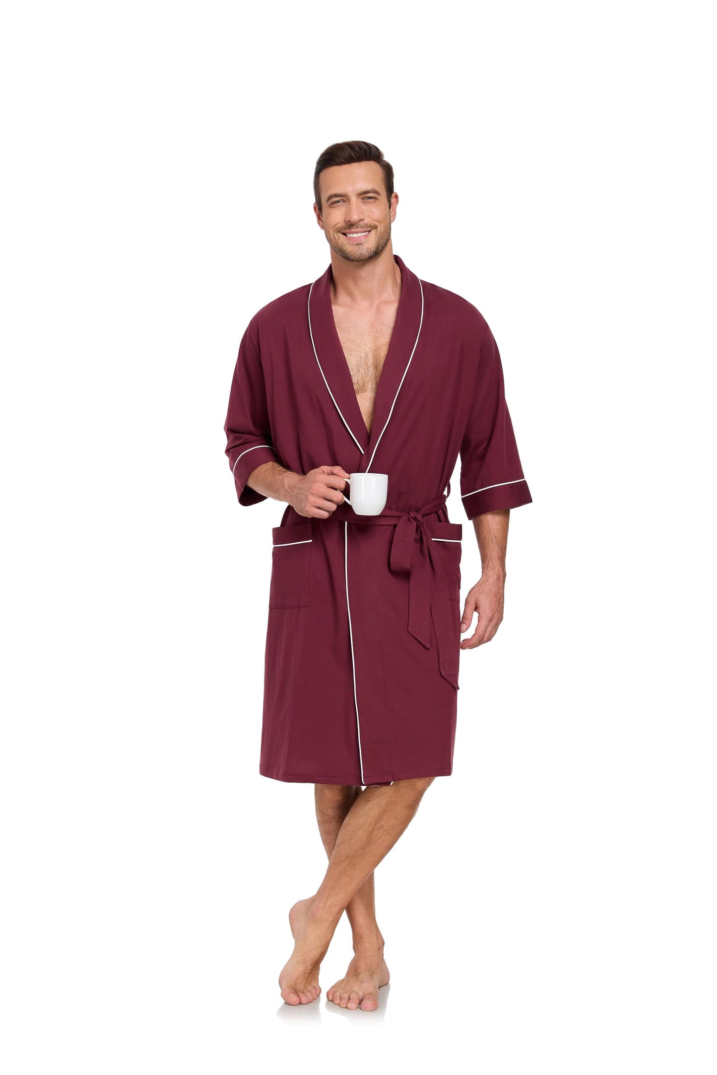 COLORFULLEAF Men's Bathrobes 100% Cotton Soft Comfort Breathable Short Sleeve Summer Kimono Mens Lightweight Robe, Burgundy, Large