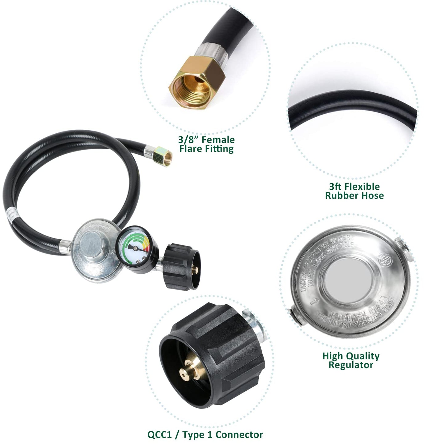 ATKKE 3ft Propane Hose Regulator with Gauge, Universal Gas Grill Regulator and Hose for Weber, Charbroil, Nexgrill, Cuisinart Grill, Patio Heater and Fire Pit, Low Pressure 3/8 Female Flare Nut