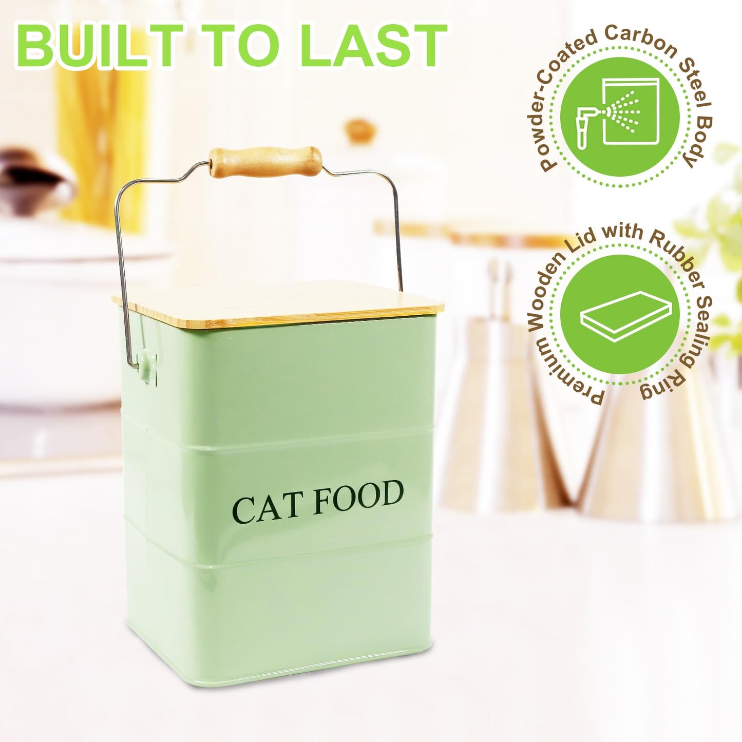 Brabtod Cat Food storage container Cat Treats Jar, Metal food treats tin for Cat, pet snacks Canisters with wooden lid/handle/sevice scoop,hold 5-6 lbs-Green