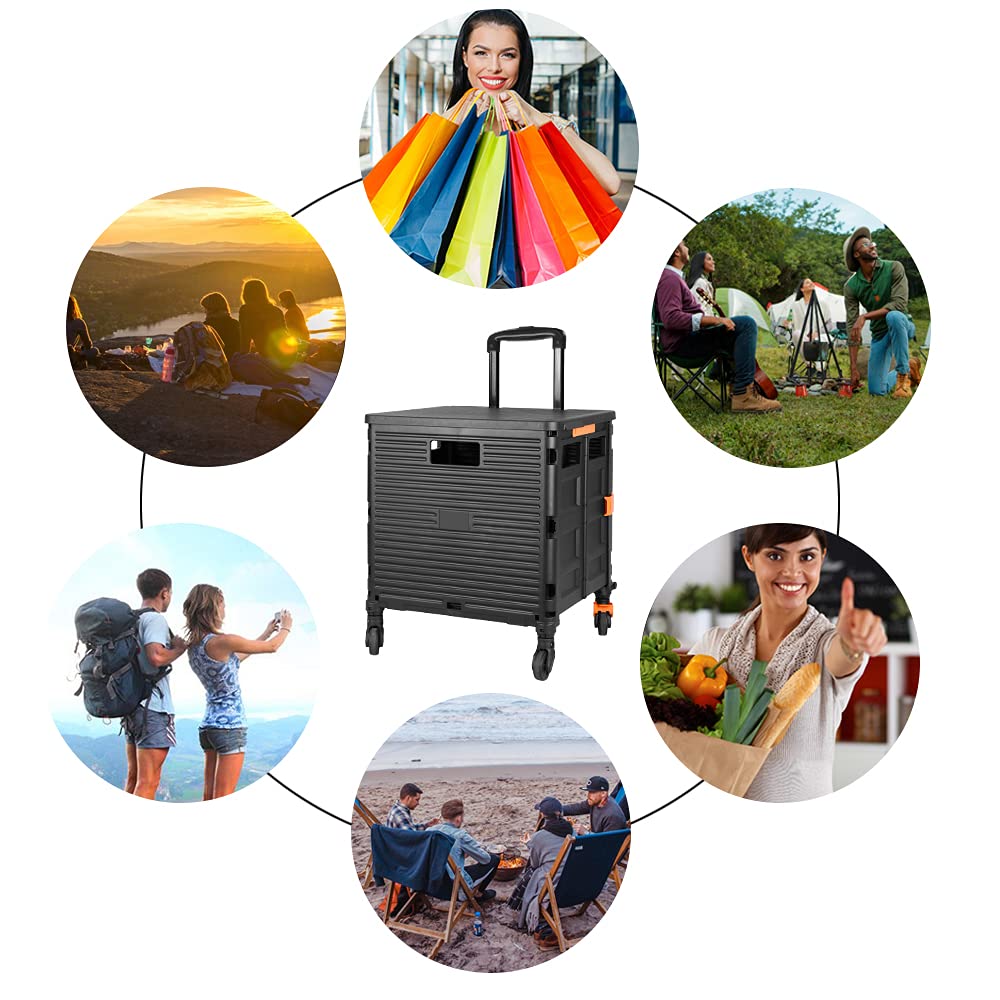 Foldable Utility Cart Folding Portable Rolling Crate Handcart with Durable Heavy Duty Plastic Telescoping Handle Collapsible 4 Rotate Wheels for Travel Shopping Moving Luggage Office Use (Black+Black)