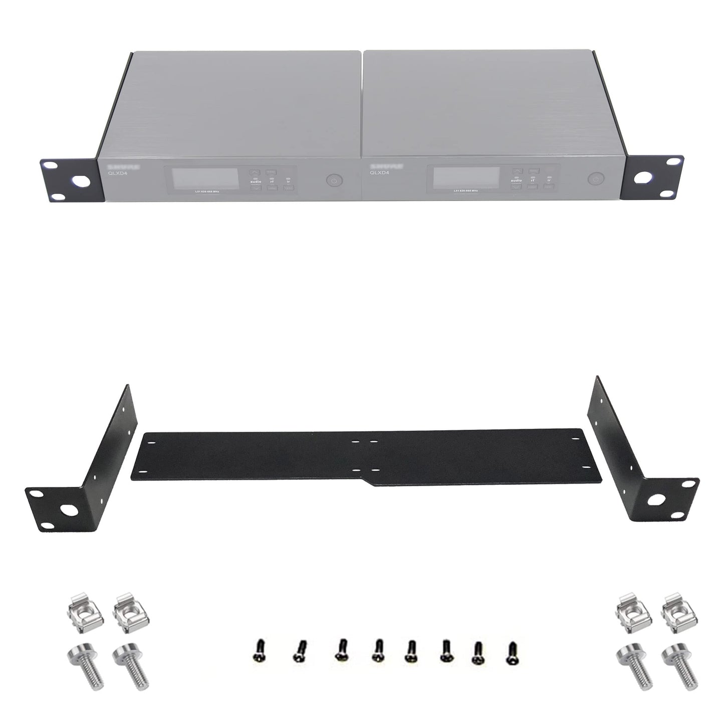 RhymKawa Rack Mount Bracket Kit for QLXD4 Dual Receivers, Black, 1U Standard 19'' Rack, UHF, 2 Channels