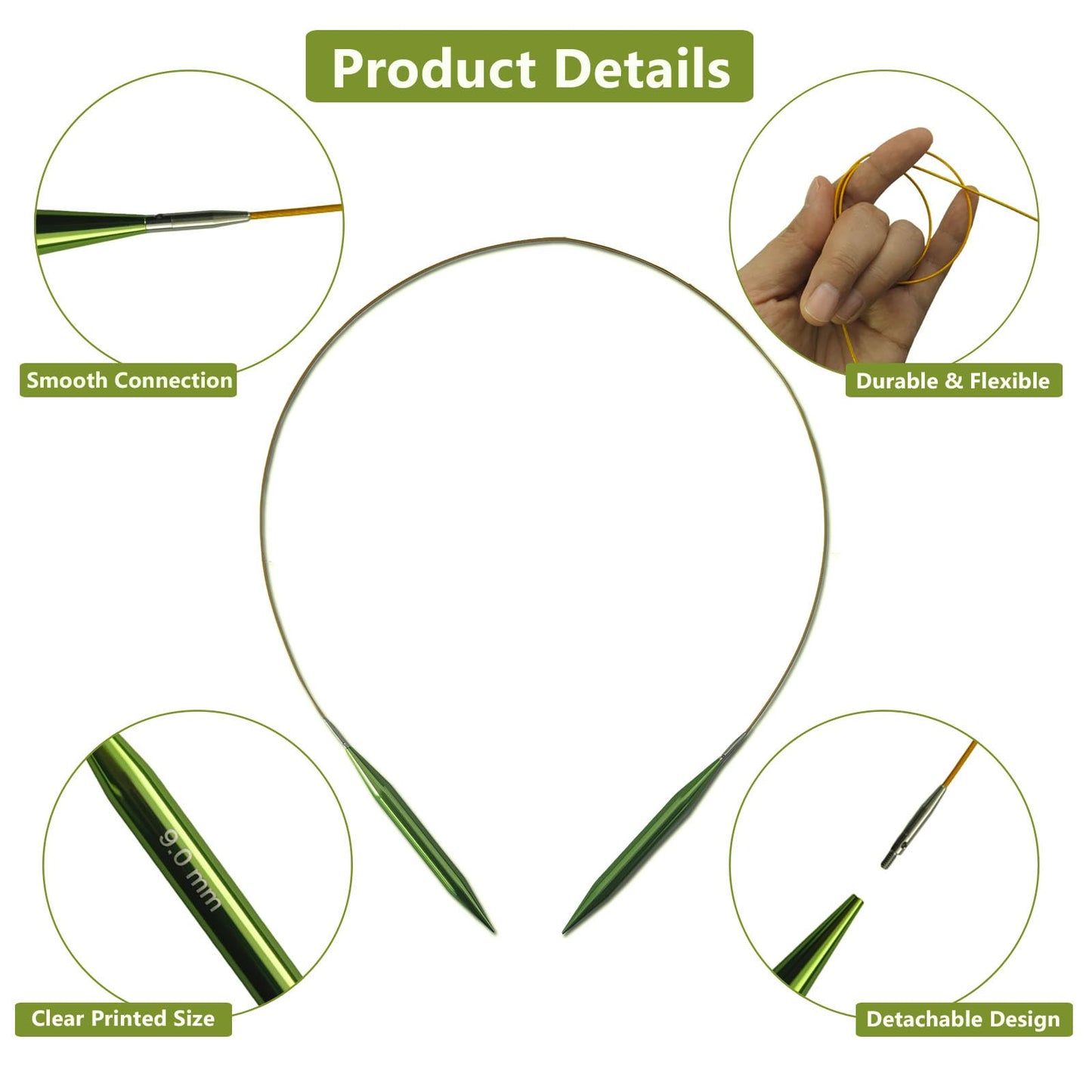 4-inch Knitting Needles Set, 13 Pairs Interchangeable Circular Knitting Needles Set Aluminum US Sizes 2.5, 3, 4, 5, 6, 7, 8, 9, 10, 10.75, 11, 13, 15 with 5 Cables, Knitting Accessories and Case (Green)