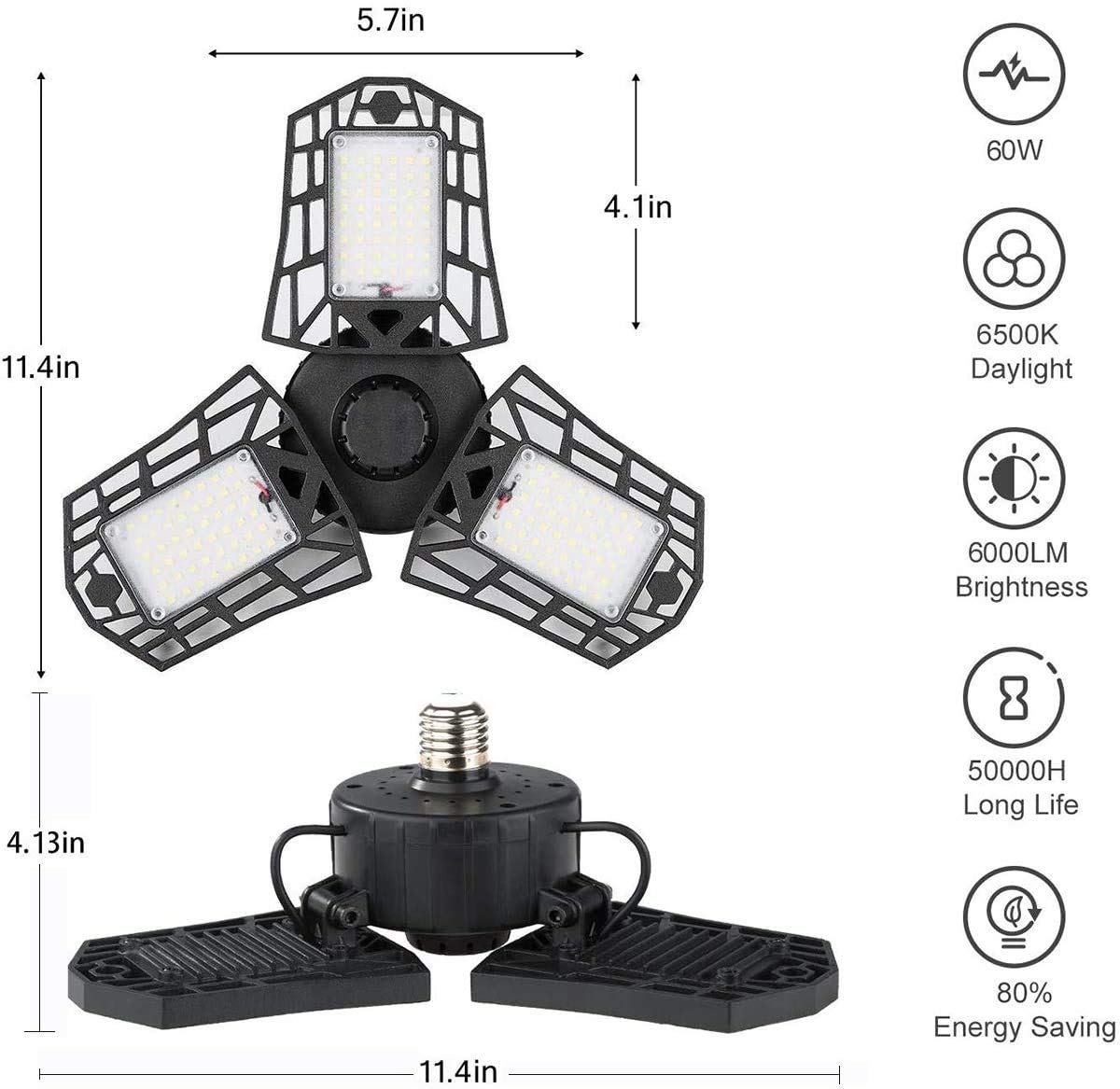 Deformable LED Garage Light - 6000 Lumen 6500K Daylight 60W, Three Leaf Garage Organization Ceiling Lighting, Pack of 2