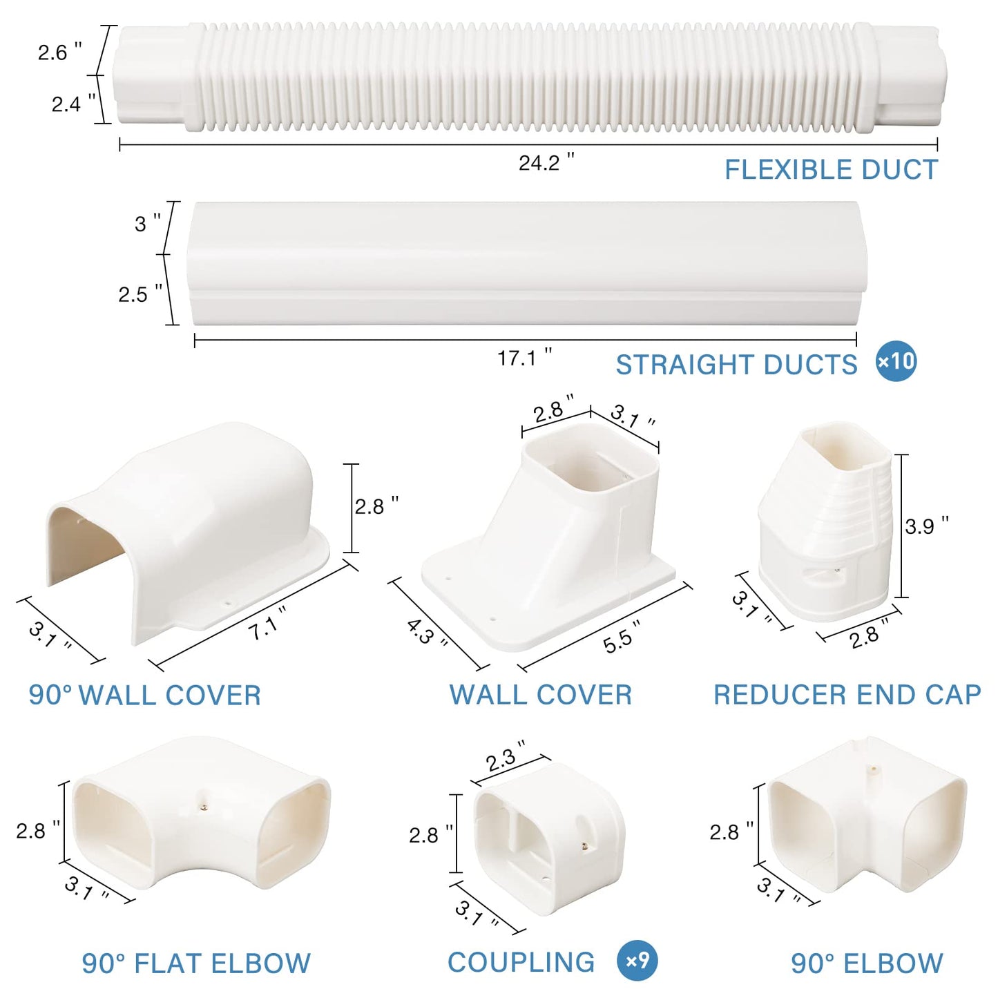 HOXHA 3" W 16.1Ft L Line Set Cover Kit for Mini Split & Central AC Systems - White PVC Tubing Cover - 487mm Length
