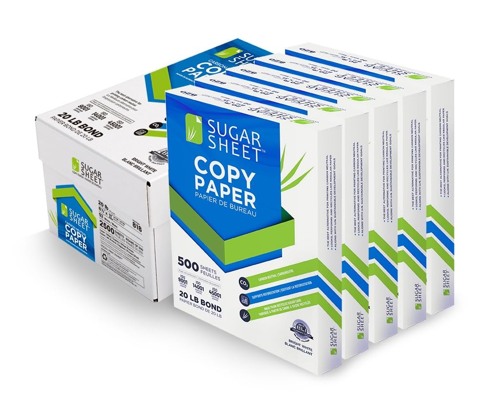 Sugar Sheet Copy Paper, 8 1/2" x 11", 5 Ream Carton, 2500 Sheets, Carbon Neutral & Forest Free
