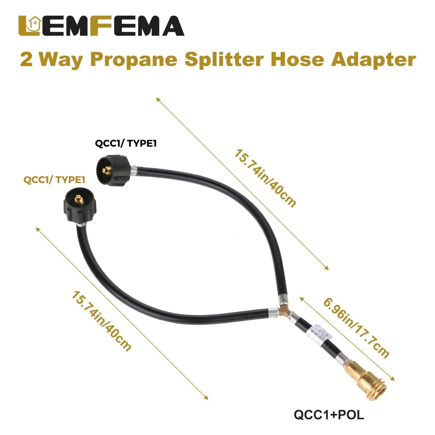 Lemfema Universal Y Type Splitter Propane Tank Converter Adapter Hose, Two Way Qcc1/Type1 Inlet & POL/QCC1 Exit Propane Hose to Connect 5-40lb Tank for Grill, Heater, Fire Pit, Fireplaces