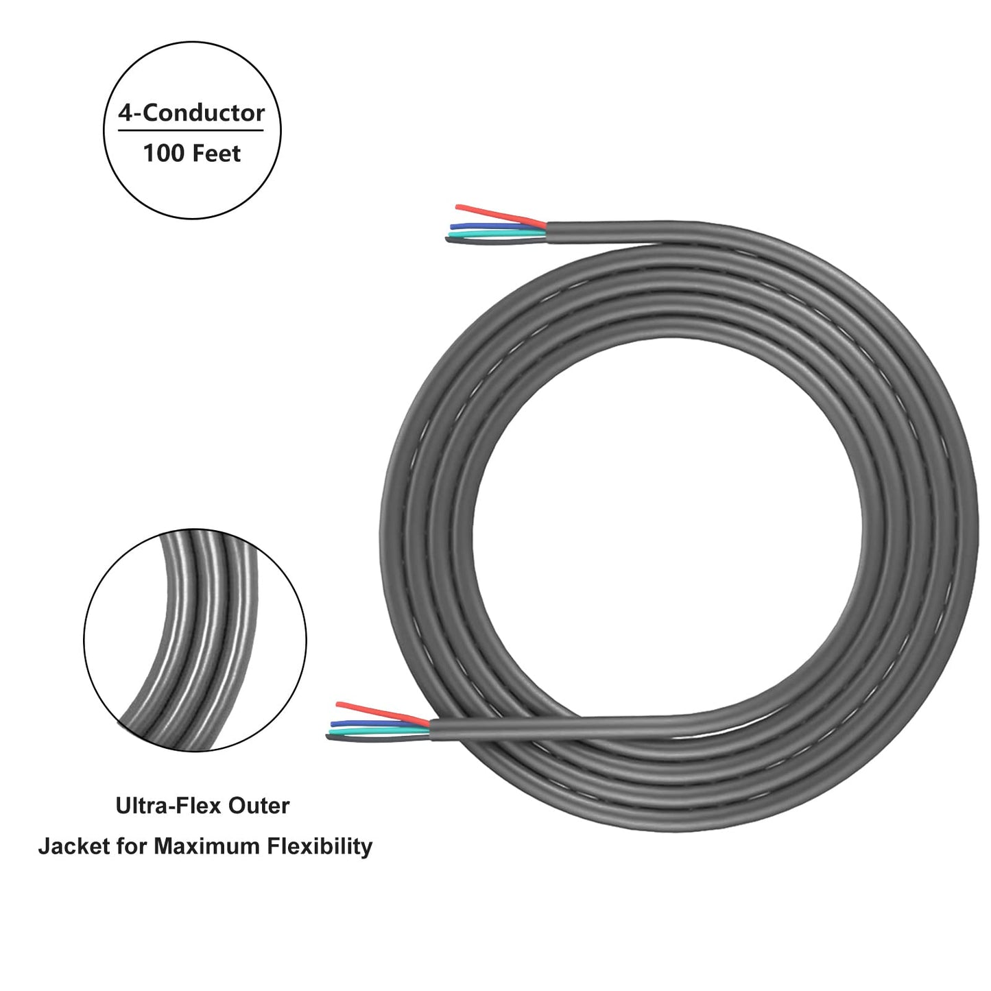 Recoil 100ft 4-Conductor 18AWG Low Voltage RGB LED Wire, LED Extension Cable, Speaker Wire, Tinned 99.99% Oxygen Free Copper for Home, Car & Marine Application