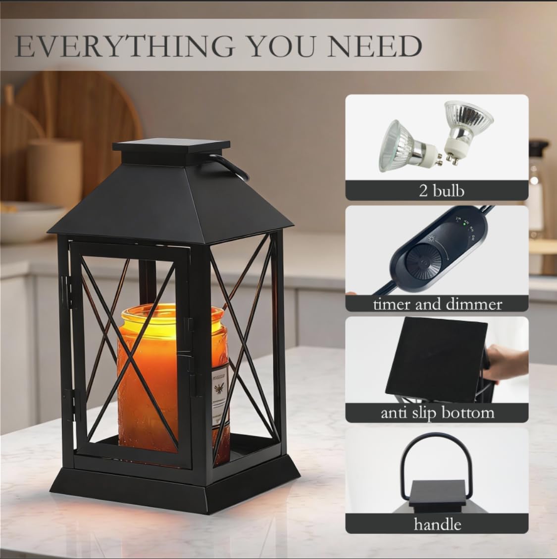 Candle Warmer Lamp,Candle Warmer Lamps with Timer,Black Lamp Candles Warmer Lantern for Jar Candle,Dimmable Candle Lamp Warmer Farmhouse with 2 Bulbs,Auto Shut Off & Adjustable Brightness