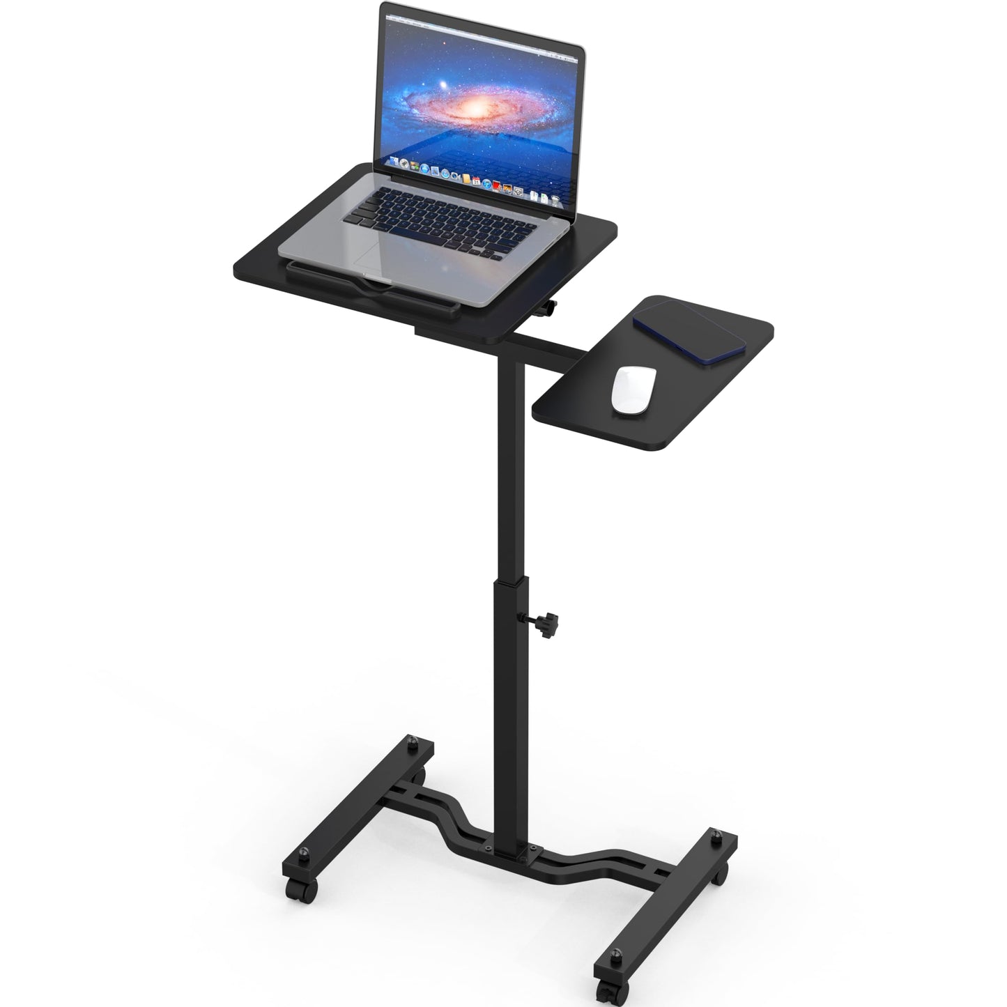 SHW 28.75" to 40.5" Height Adjustable Rolling Laptop Cart with Tilting Desktop and Side Shelf, 73 to 103.9 cm, Black