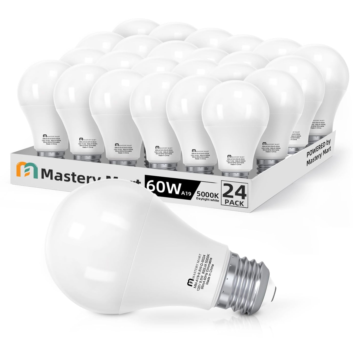 24 Pack Mastery Mart A19 LED Bulbs 60 Watt Equivalent, 9W Non-Dimmable, Flicker-Free, 800 Lumens, Bright Daylight White 5000K, E26 Base, 10000 Hours, Energy Saving, Bright for Living Room, Bedroom