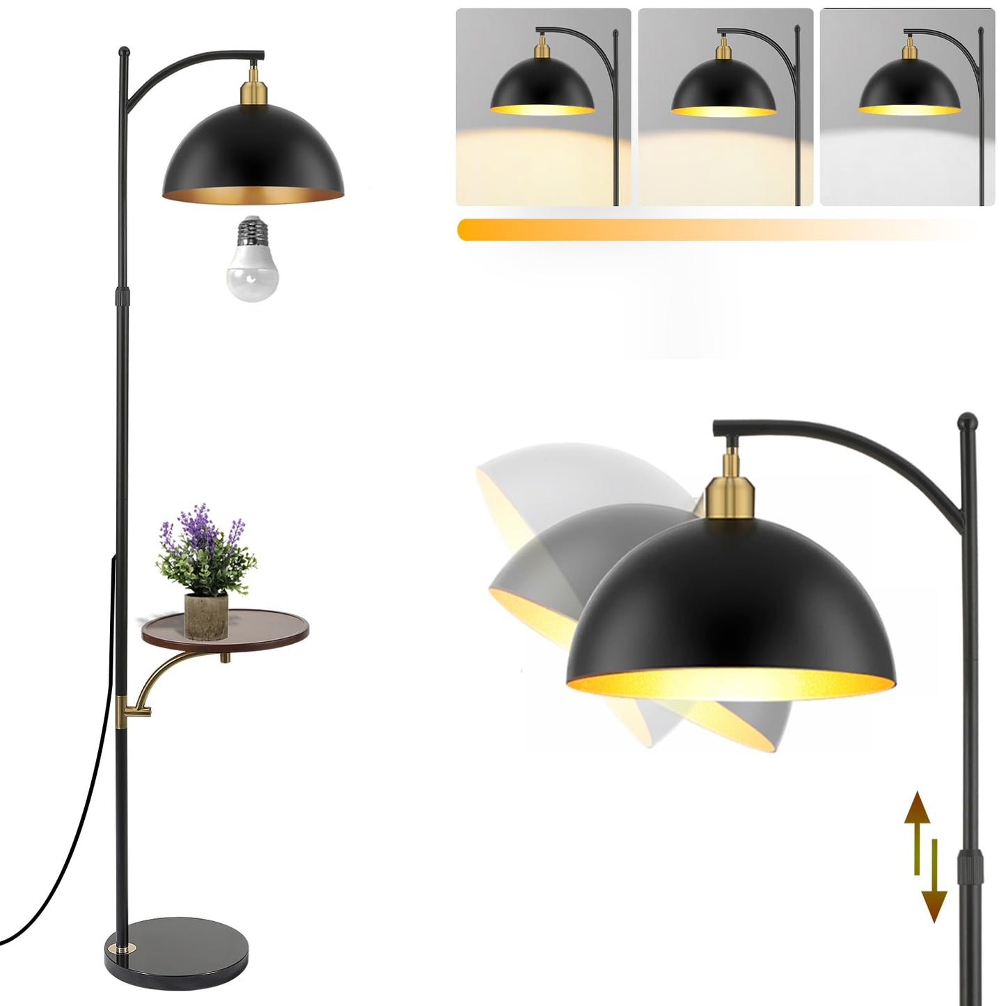 Industrial Dimmable Floor Lamp with Tray, Modern Arc Floor Standing Lamp with Table, Height Adjustable Corner Rustic Reading Lamps with Shelves for Bedroom Living Room Office (Black+Gold)