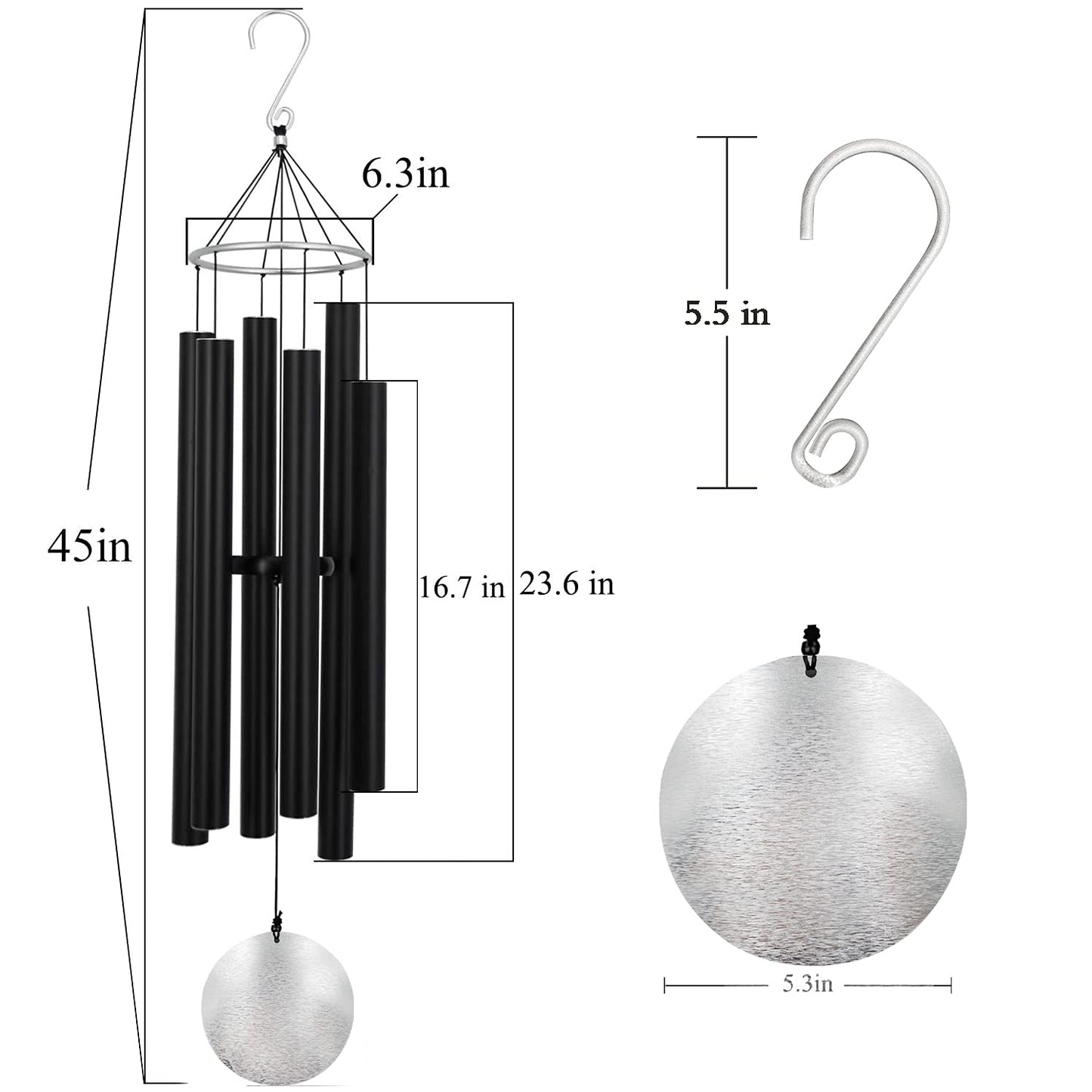 ASTARIN Large Wind Chimes Outdoor Deep Tone,45Inch Sympathy Wind Chimes with 6 Tubes Tuned Relaxing Melody,Memorial Wind Chimes Large for Mom,Garden Decor,Black