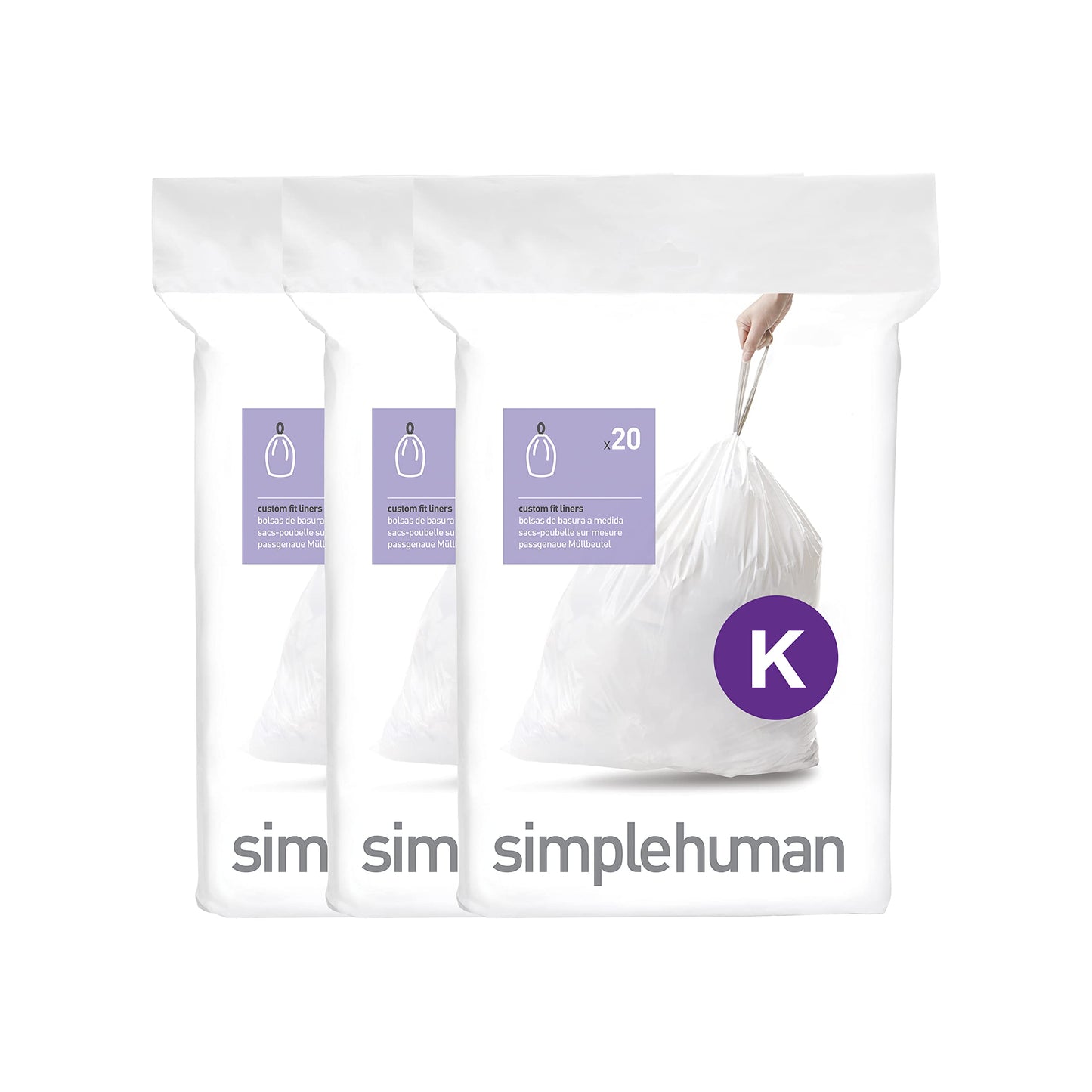 simplehuman Code K 60 Count, Dispenser Pack Custom Fit Liners, Drawstring Trash Bags, 35-45L / 9-12 Gallons, White
