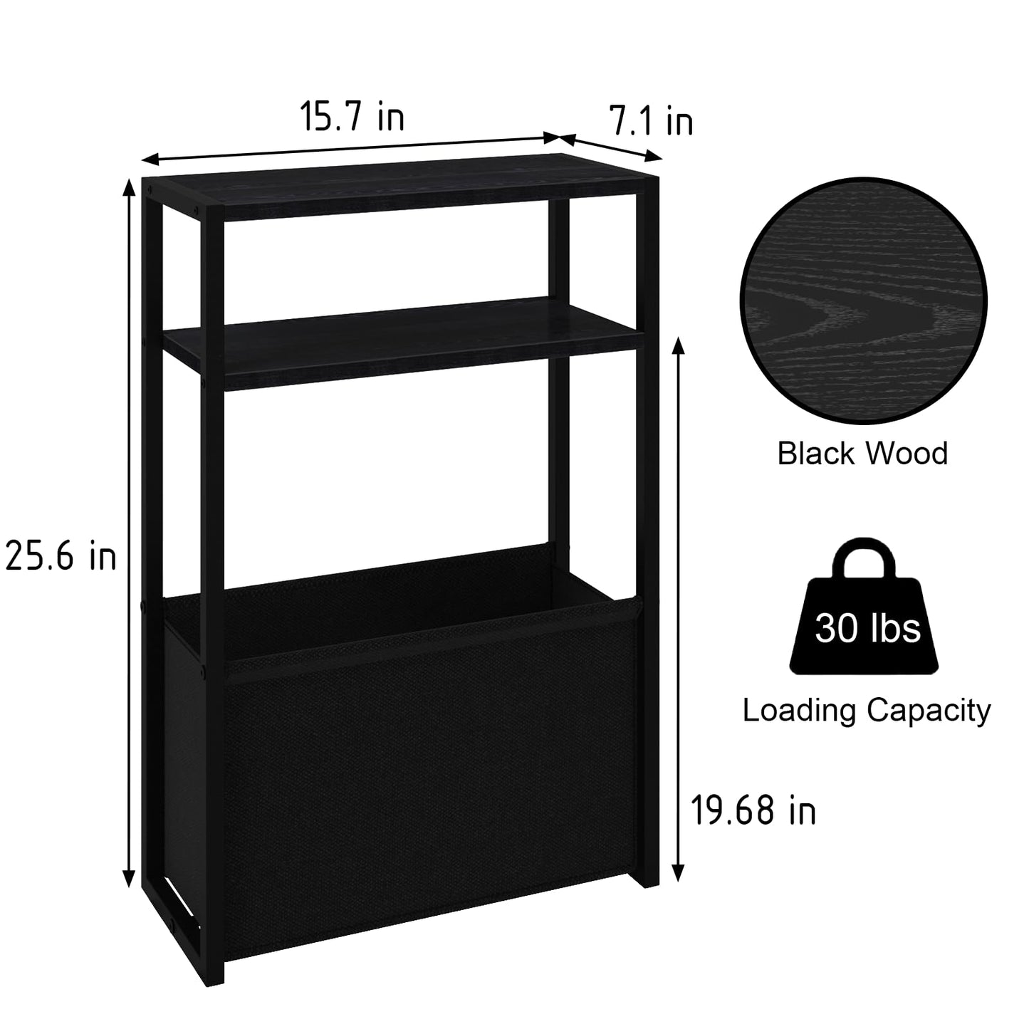 Leomonio Black Slim Side Table with Magazine Rack, Small Space-Friendly, Narrow Bedside Table for Living Room, Bedroom