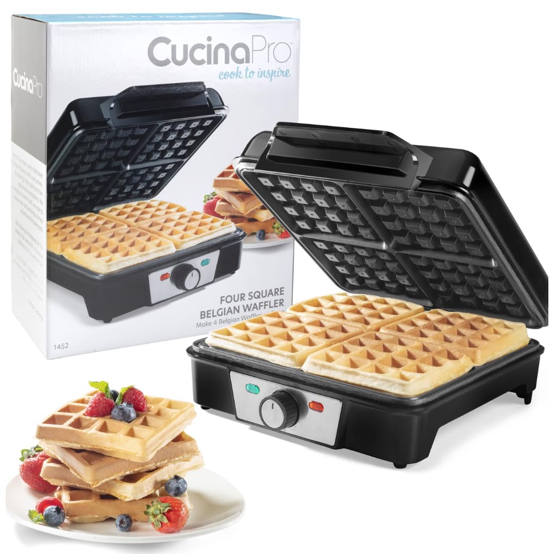 CucinaPro Four Square Belgian Waffle Maker, Extra Large Stainless Steel Kitchen Appliance w Nonstick Waffler Iron Plates Makes 4 Fluffy Waffles, Great Griddle for Family Breakfast or Housewarming Gift
