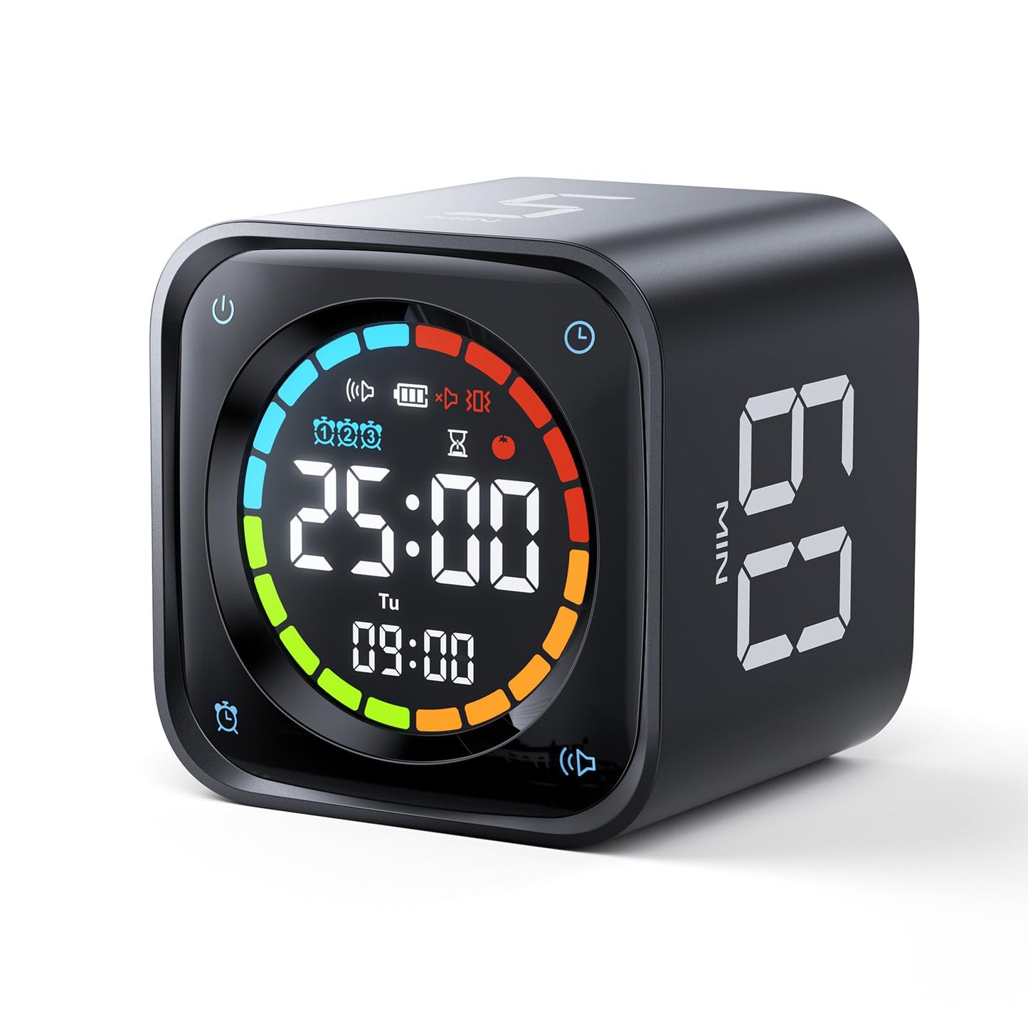 Ticktime TK3 Pomodoro Timer Cube, Productivity Timer, 5/10/30/60 Min Presets, Custom Countdown, Stopwatch & Clock, Triple Alarms, Silent/Vibration/Sound Alerts, Rechargeable for ADHD Study Task, Black