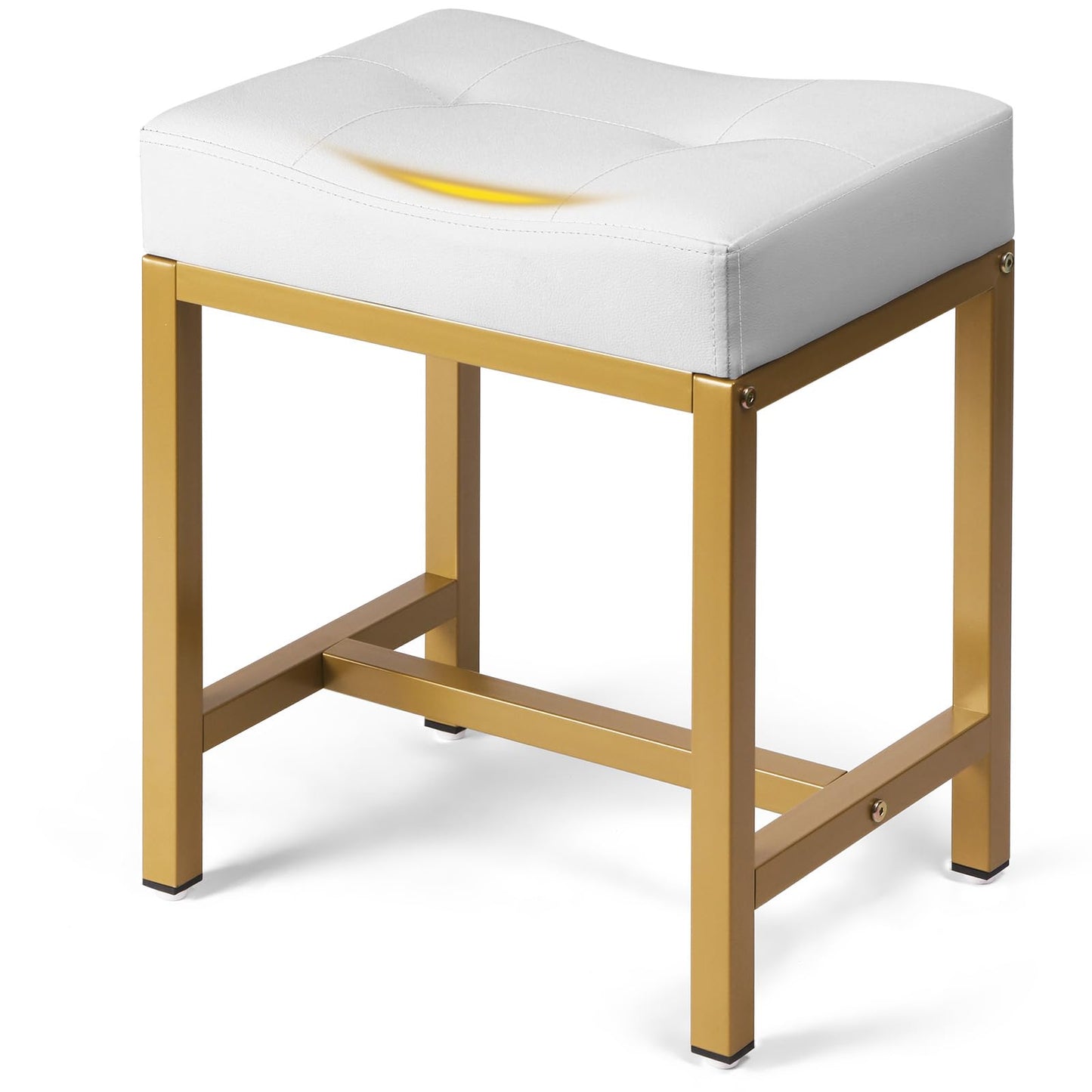 Saddle Seat Vanity Stool, Makeup Stool Chair with Metal Leg, U-Shaped PU Ottoman Foot Rest Stool, Small Square Chairs Under Desk for Vanity, Living Room, Bedroom, Modern Makeup Bench White&Gold