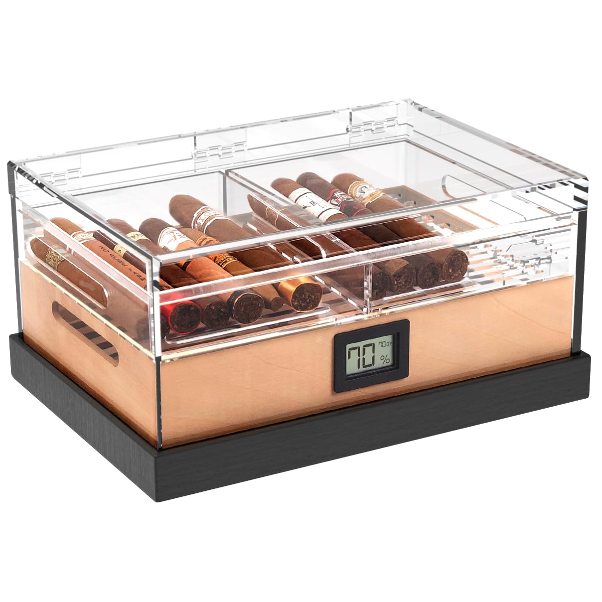 CASE ELEGANCE - Felix Pro Tupperdor - Airtight Acrylic Humidor, Two Trays, Spanish Cedar Tray, Ash Wood Base, Includes Humidity Pack, Digital Hygrometer, Acrylic Divider - Holds 50-60 Cigars