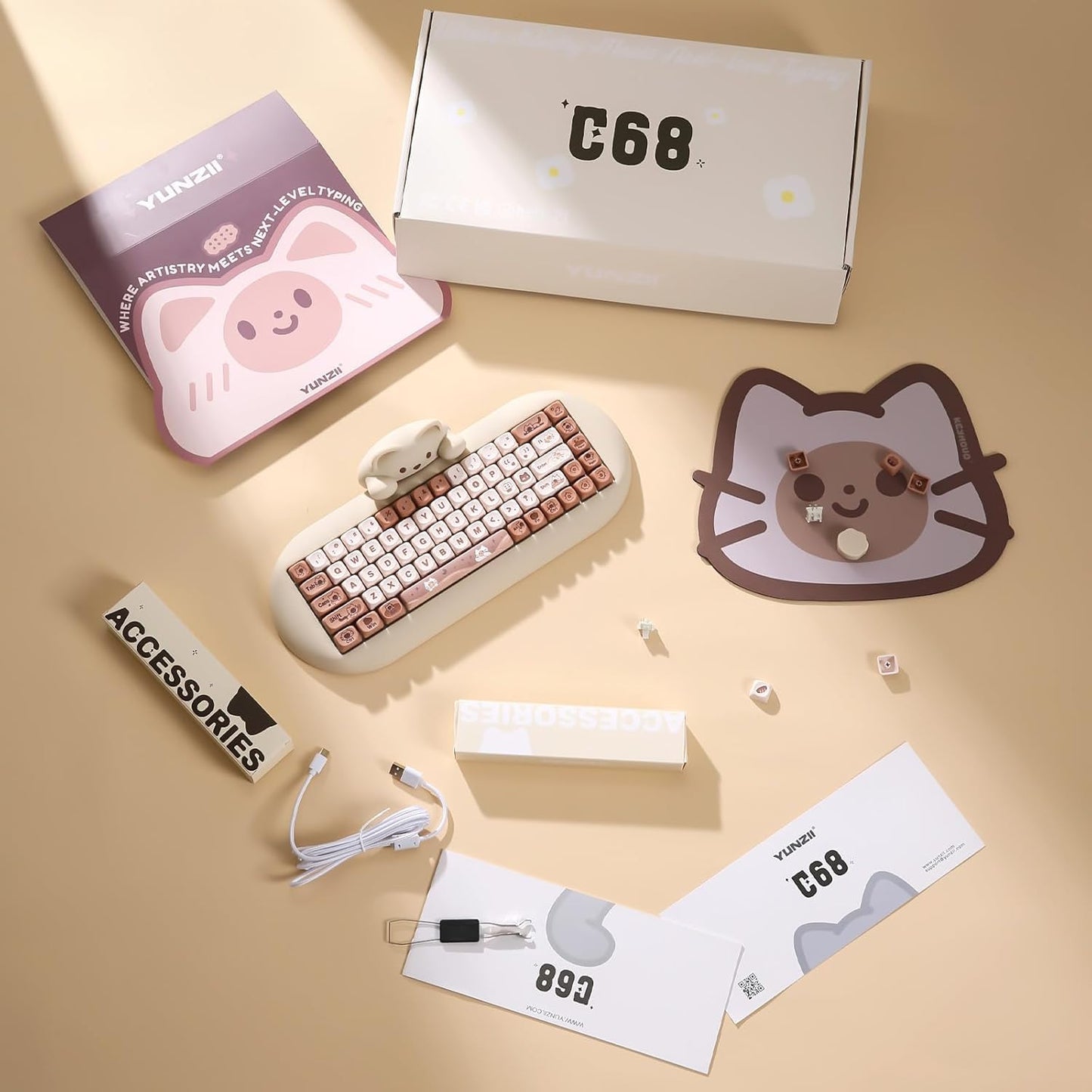 YUNZII C68 Wireless Mechanical Keyboard,65% Layout,Hot Swap,Triple Mode BT5.0/2.4G/Wired, RGB Backlit NKRO,Cute Cat Silicone Ergonomic Design for Win/Mac (Milk Switch,Brown)