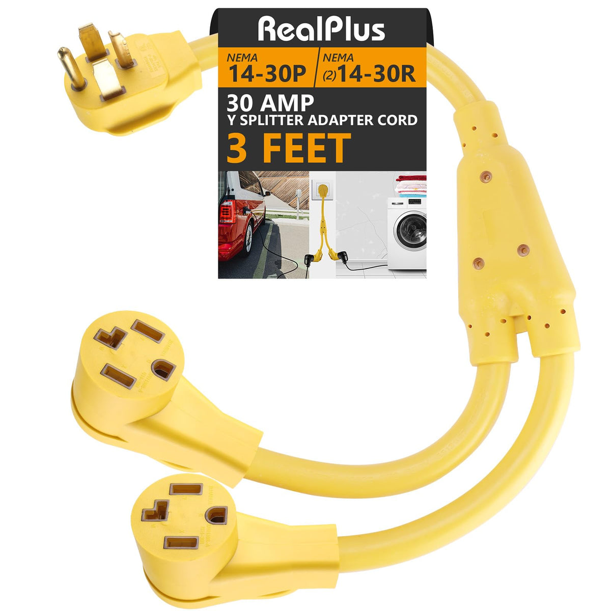RealPlus 4 Prong Dryer Y-Splitter 30 Amp, NEMA 14-30P to (2) NEMA 14-30R, STW 10AWG 4C Power Cord Adapter for Multiple Outlet Dryer Outlet, 3 Feet (Yellow)
