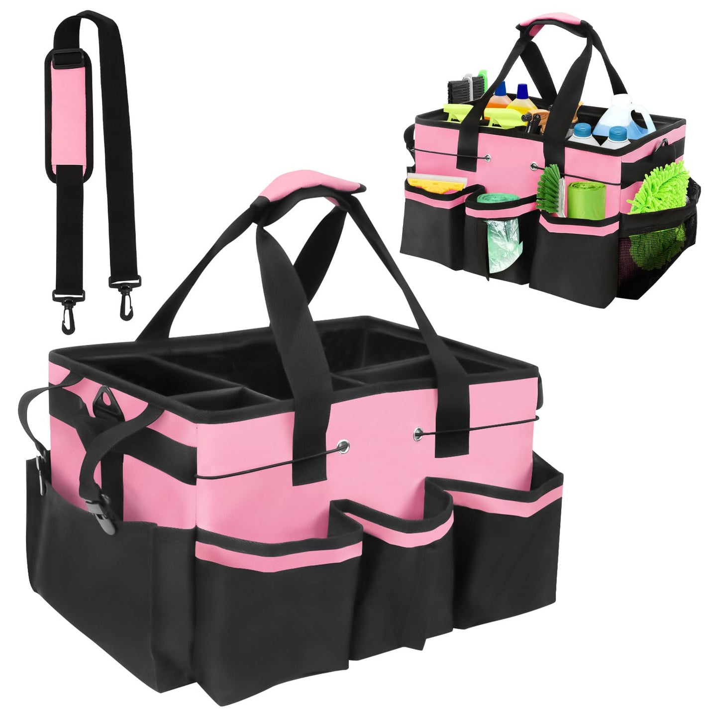 Cleaning Caddy Bag with Handle & Shoulder Straps, Large Cleaning Supplies Organizer Cleaning Tools Bag for Housekeeping and Cleaners Car Storage (Pink)