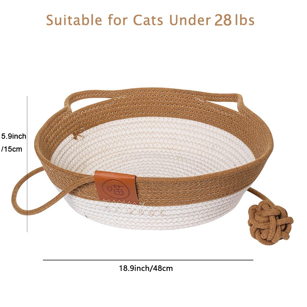 Handwoven Cotton Rope Cat Bed Cat Hammock Foldable Sleeping Nest Basket Handmade Natural Cradle Scratcher Cuddler for Kitten Cute Style with a Playing Rope Ball (Brown-Large)