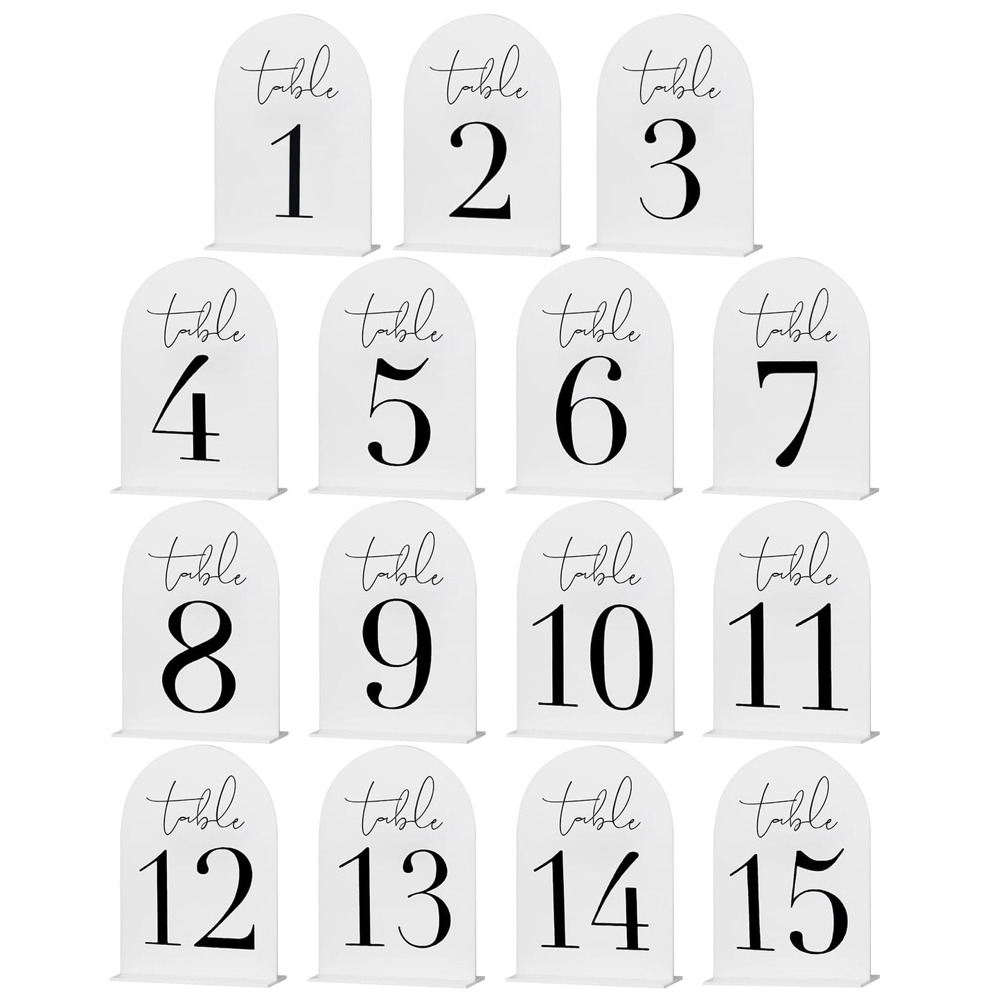 Auch White Arch Acrylic Table Numbers 1-15 with Stand, 5x7" White Arch Acrylic Sign and Holder Wedding Table Numbers for Reception, Centerpiece, Event (White)