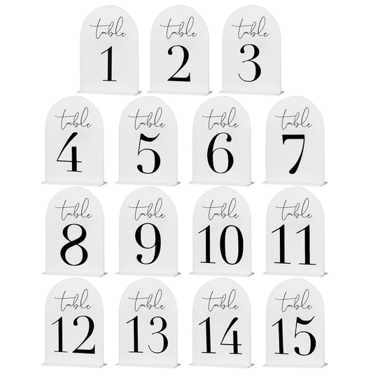Auch White Arch Acrylic Table Numbers 1-15 with Stand, 5x7" White Arch Acrylic Sign and Holder Wedding Table Numbers for Reception, Centerpiece, Event (White)