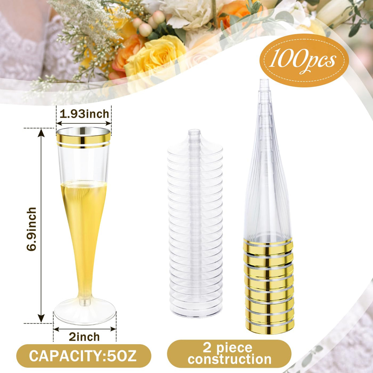 100 Pack Plastic Champagne Flutes,4.5 oz Clear Champagne Glasses with Gold Rim, Disposable Champagne Cups for Wedding Birthday Bridal Shower Party, Mimosa Bar Supplies
