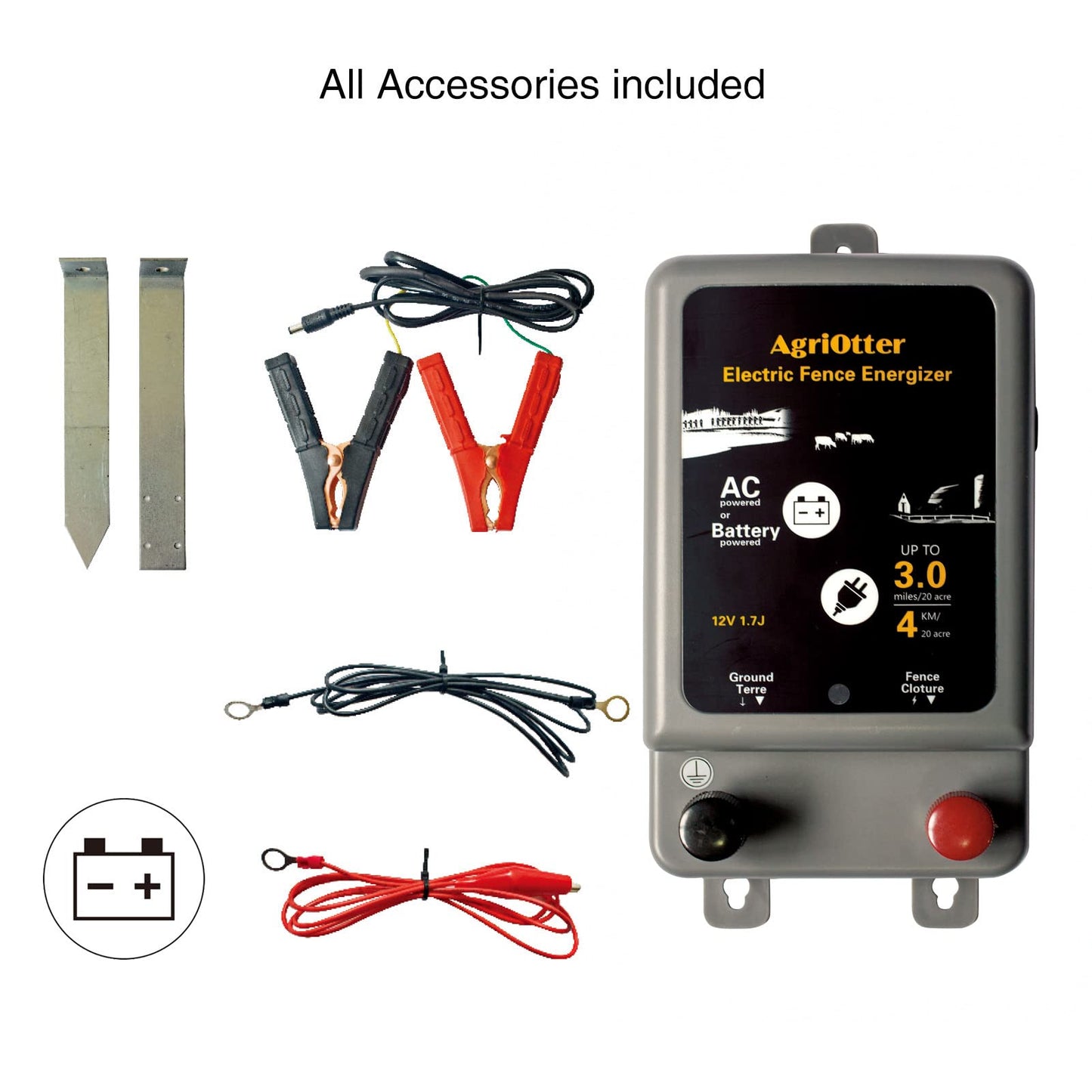AgriOtter Electric Fence Energizer 15 Acre 2 in 1 Powered by Battery or AC Outlet 8000V 1.75J Pulse Electric