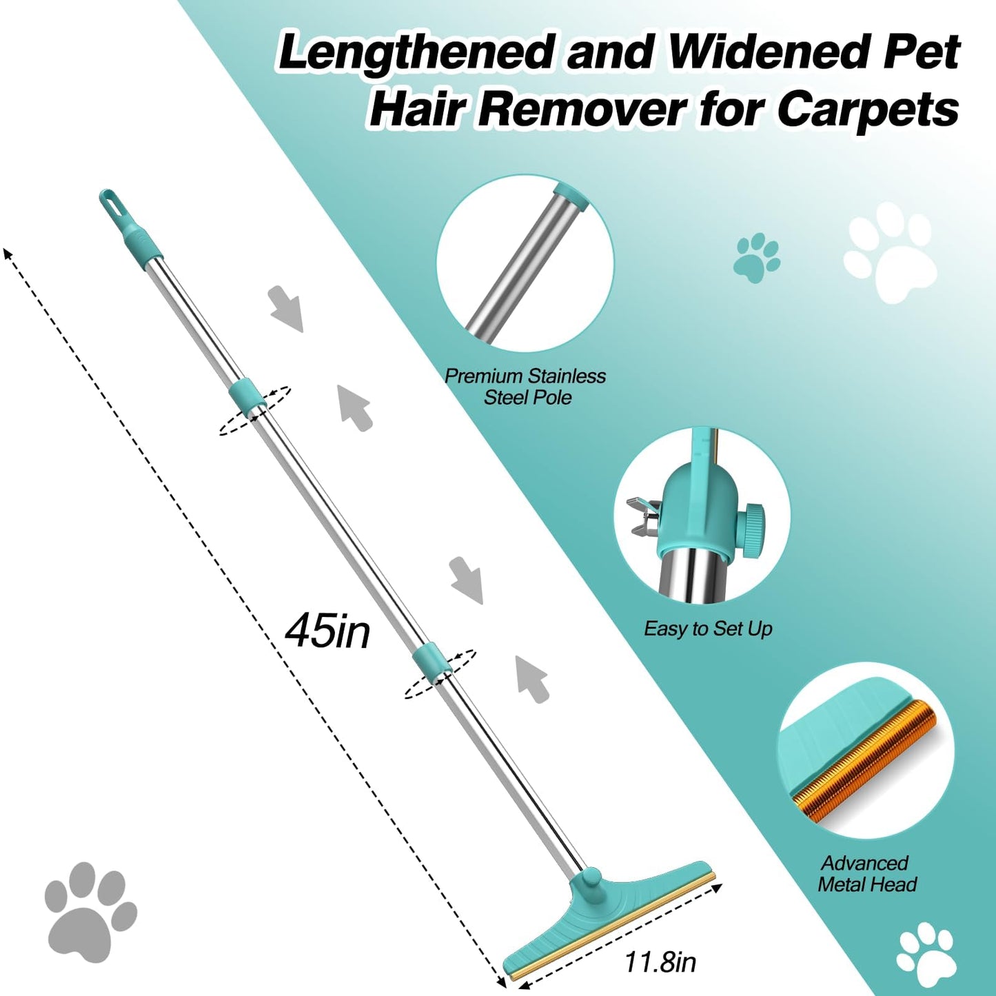 Carpet Rake for Pet Hair Removal, Pet Hair Remover with 45”, 1 Mini Included, Reusable for Fluff Carpet, Rug, Car Mat and Couch