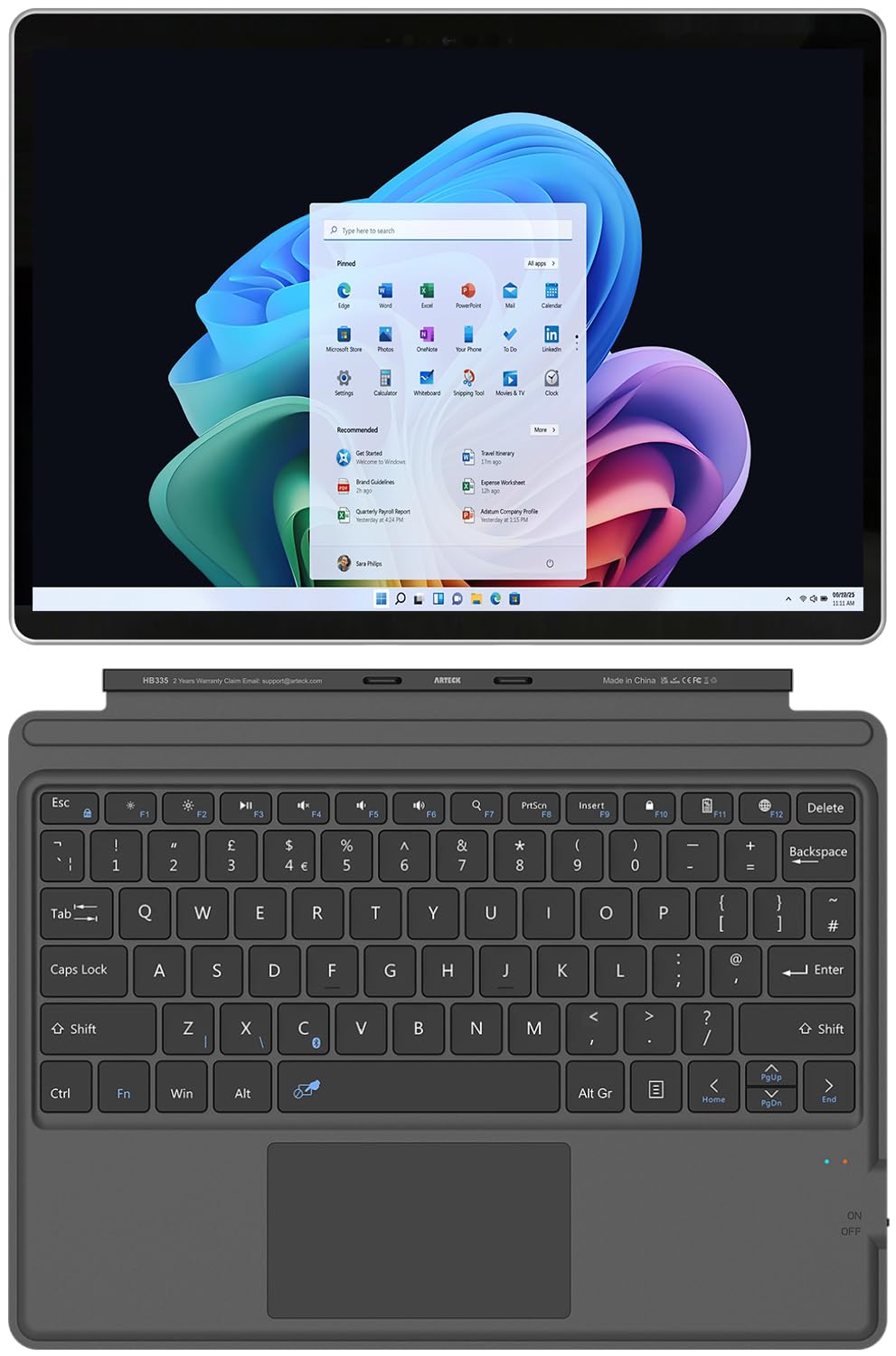 Arteck Microsoft Surface Pro Keyboard Type Cover, Ultra-Slim Portable Bluetooth Wireless Keyboard for Latest Surface Pro 10, 9, 8, X With Touchpad and Built-in Rechargeable Battery