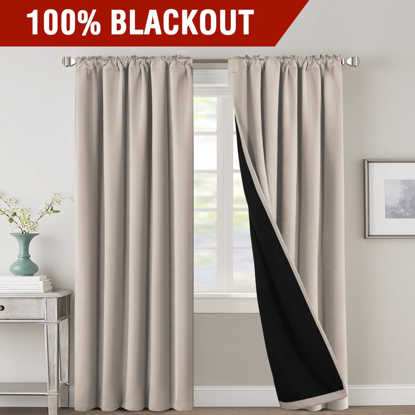 100% Blackout Curtains for Bedroom with Black Liner Full Room Darkening Curtains 96 Inches Long Thermal Insulated Back Tab/Rod Pocket Window Treatment Drapes for Living Room, Natural, 2 Panels