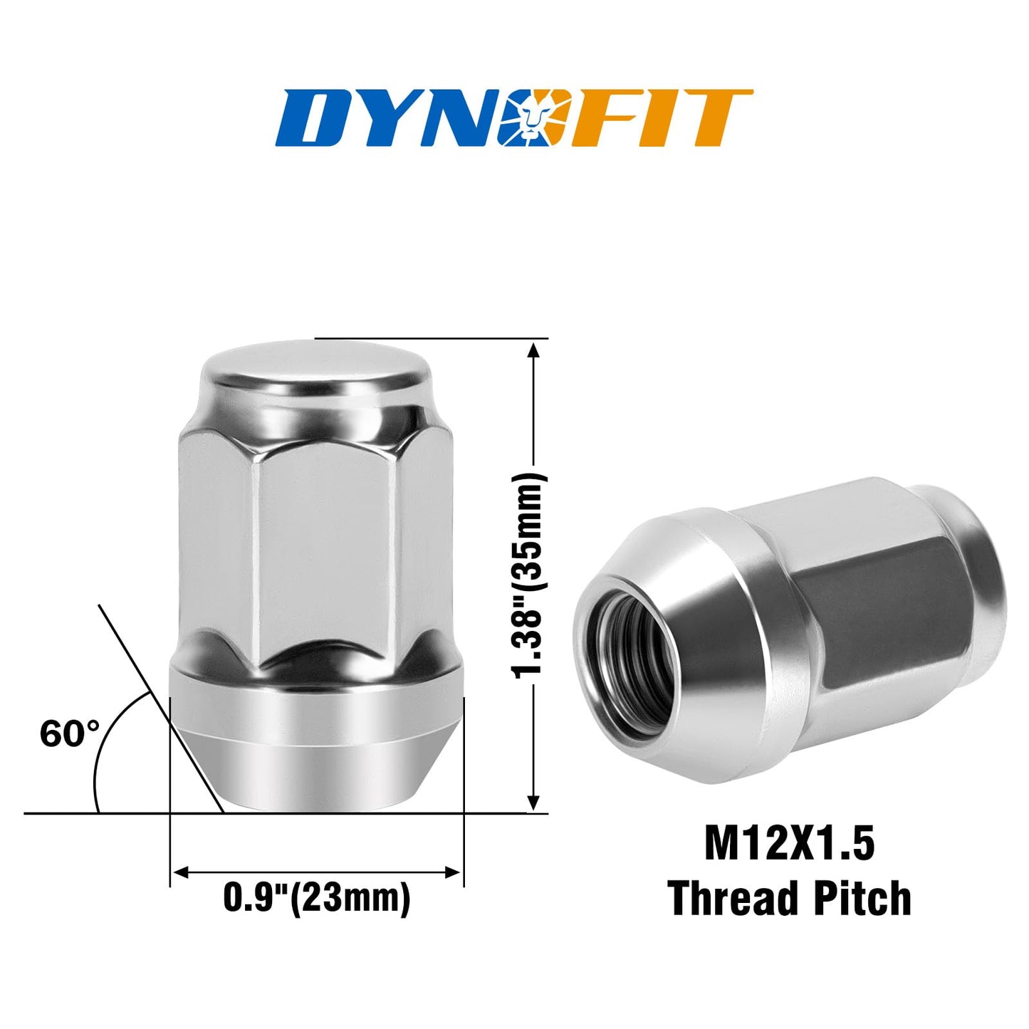 Dynofit M12x1.5 Lug Nuts Replacement for Honda Accord Civic CRV, Ford Fusion Focus Escape and Toyota RAV4 Camry Aftermarket Wheels, 20 Pieces Chrome One-Piece Closed End Lug Nut, Hex 19mm, Silver