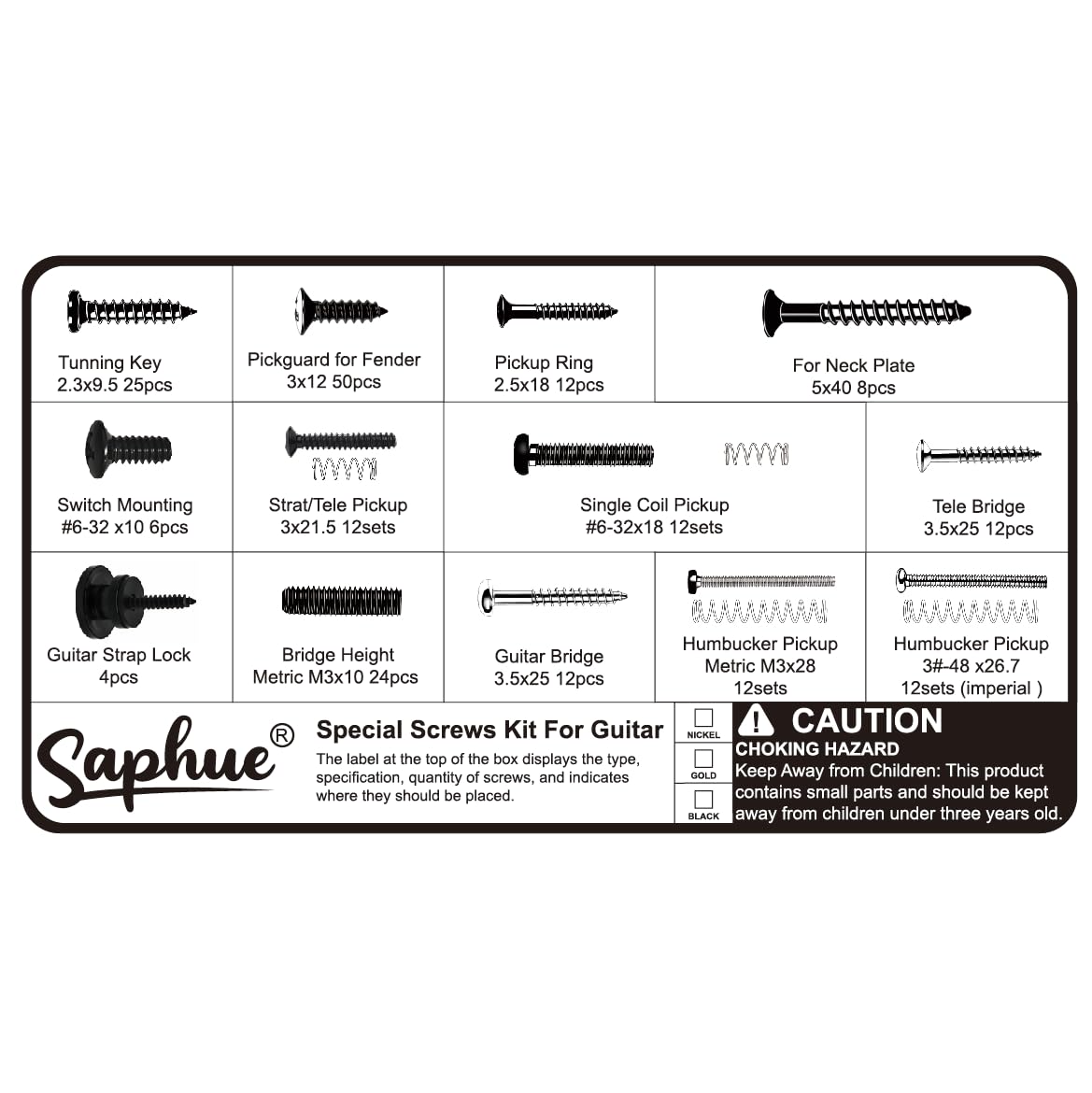 SAPHUE Guitar Screw Kit,201pcs Telecaster Kit, Pickguard Screws， Switch Plate Screws,For Fender/Tele/Strat/Sq,Tuner,Machine Head, Neck Plate,Guitar Strap End Pins,Pickup,Bridge, Guitar Repair Kit