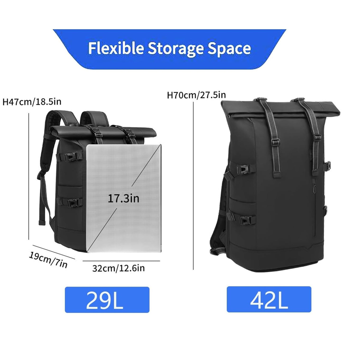 Travel Roll Top Backpack with Shoe Compartment, 17 inch Laptop Compatible, for Business, Hiking, Mountaineering, Large Capacity