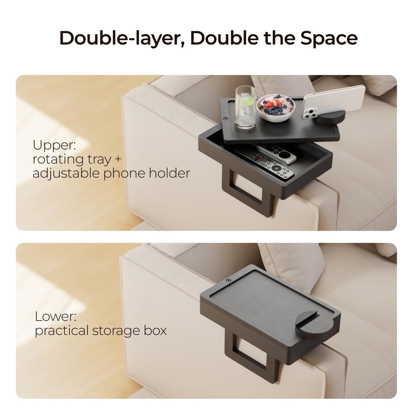 Wealone Mini Black Couch Arm Table for Narrow Armrest, Sofa Arm Tray with Storage Box, Rotating Tabletop and Phone Stand, Adjustable Sofa Arm Table Clip for Snacks or Dining, Armrest ≤7" Wide