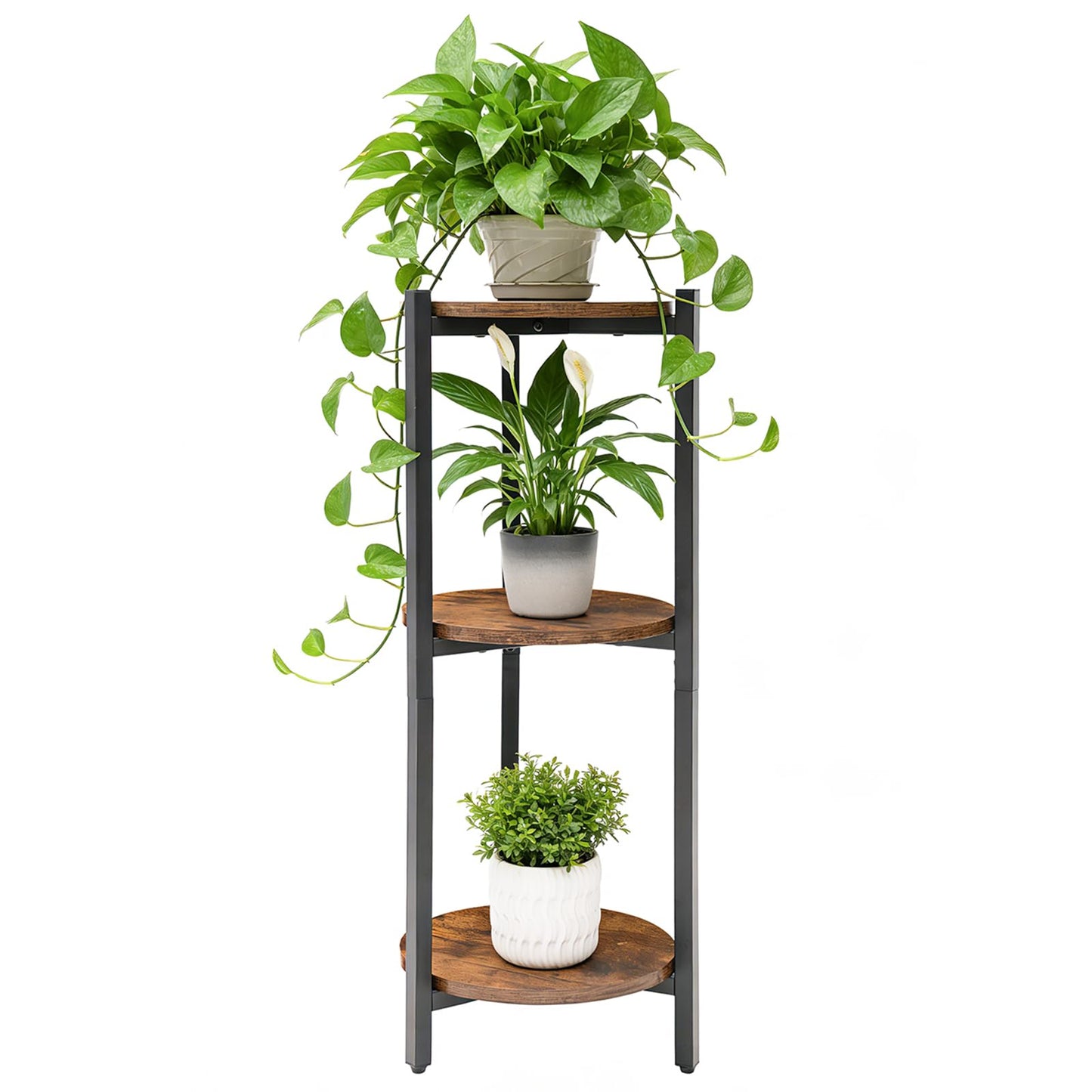 ZBBCTUS Plant Stand Indoor, Corner 3 Tier Tall Plant Stand Shelf with Brown Round Wooden Shelves, Heavy Duty Metal Frame Plant Holder, Sturdy Storage Rack for Living Room Balcony Garden Outdoor