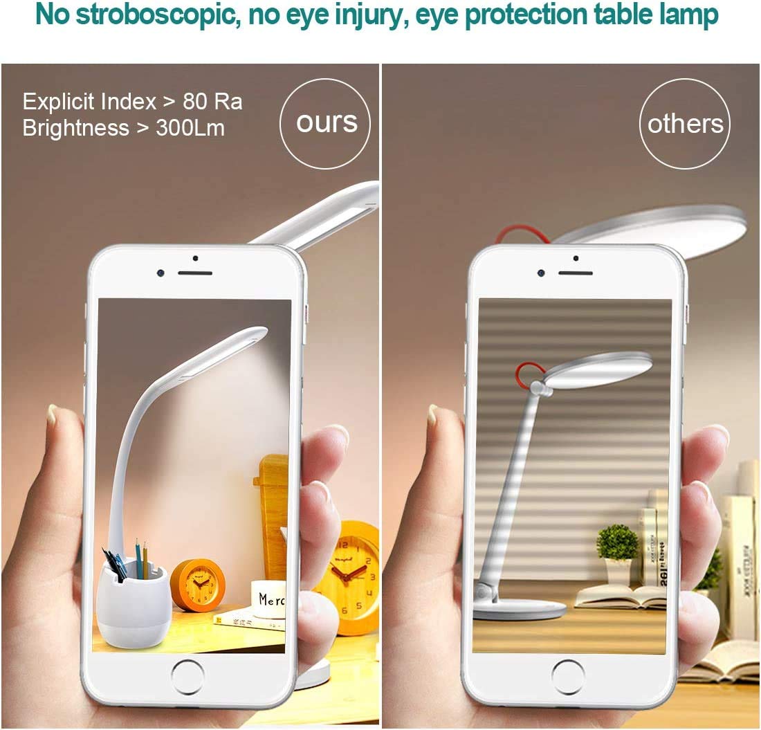 Rechargeable LED Desk Lamp with Pen Holder, ERAY Dimmable Flexible Gooseneck Bedside Table Lamp with Color Night Light, Eye-Caring Kids Pupil Student Reading Study Light for Home Office（White)
