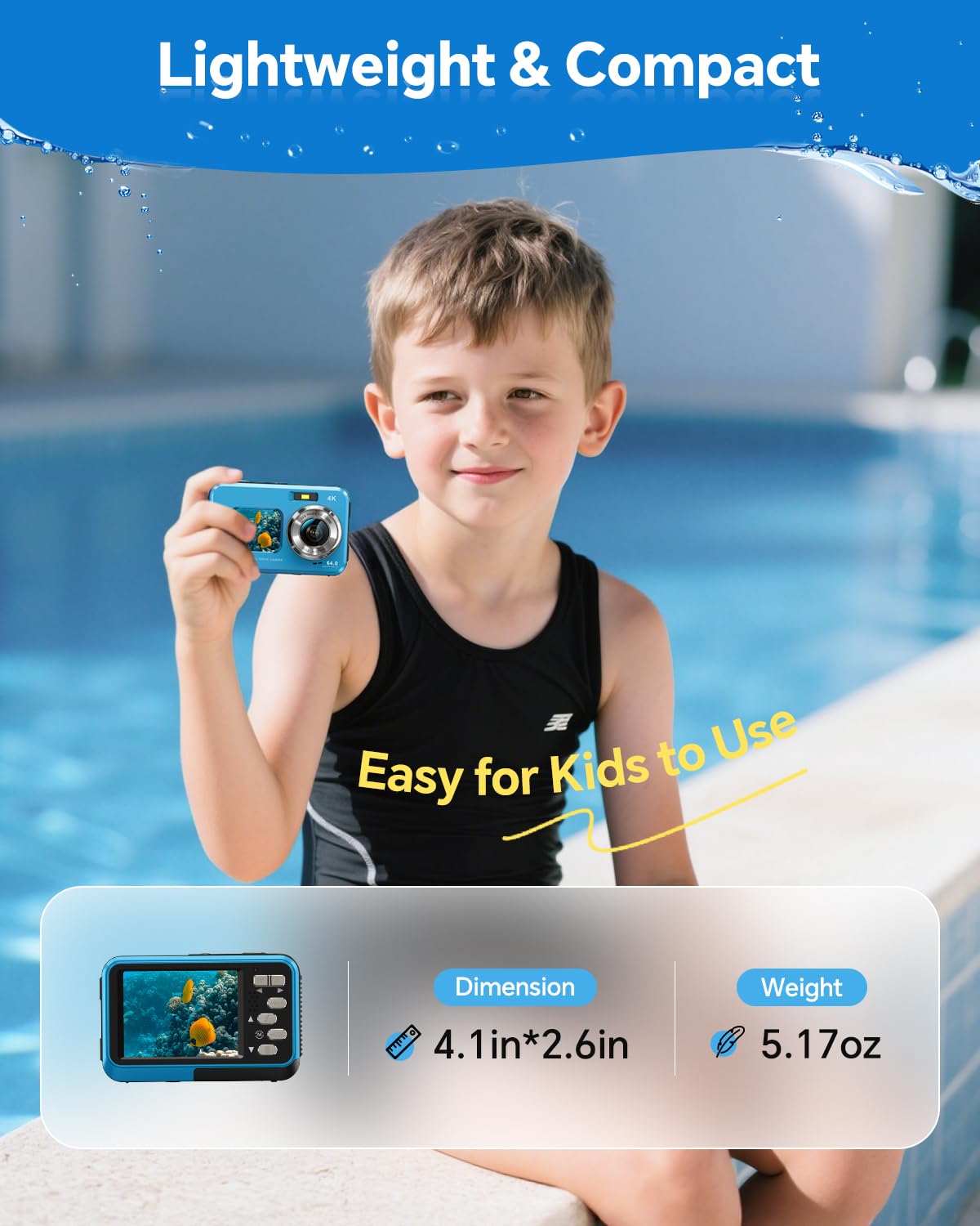 4K Underwater Camera Snorkeling 11FT Waterproof Camera 64MP Autofocus with 32GB Card Dual Screens Selfie 16X Zoom Floatable Compact Digital Camera Waterproof with 2 Batteries (Blue)