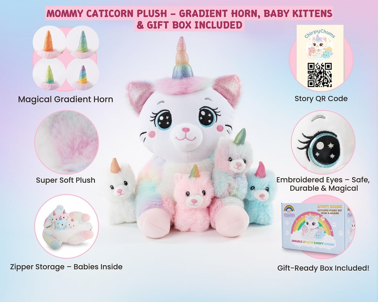 Chirpy Chums Dreamy Unicorn Cat Family – 16” Magical Unicorn Cat Plush with 4 Kittens – Ultra-Soft Stuffed Animal, Zipper Belly Surprise – Magical Pillow Plushies, Big Plush Toy Gift for Kids Ages 3+