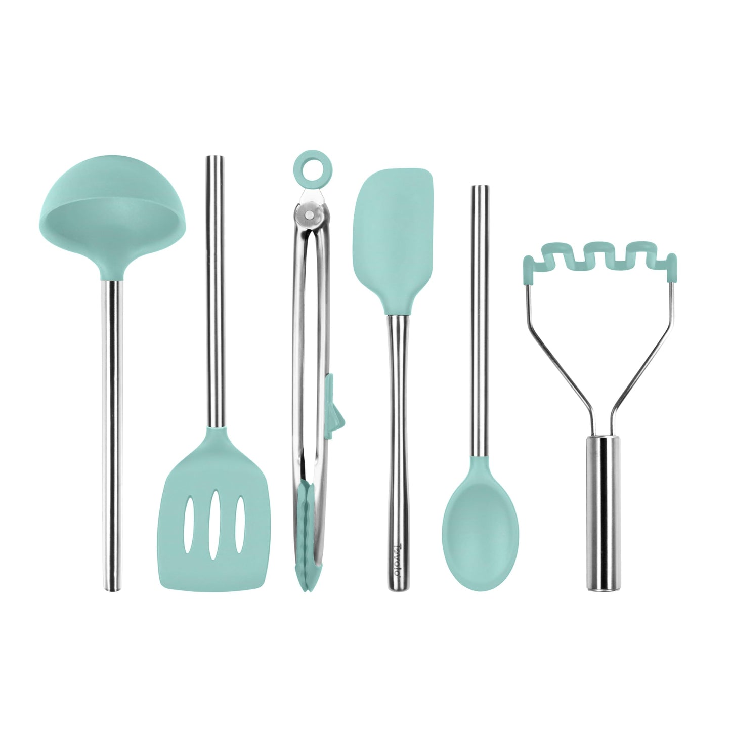 Tovolo Silicone Cooking Utensil Set of 6 Aqua Seafoam Green Ladle Slotted Turner Tongs Flex Core Spatula Scraper Mixing Spoon and Potato Masher, Dishwasher Safe Non Toxic BPA Free Kitchen Utensils