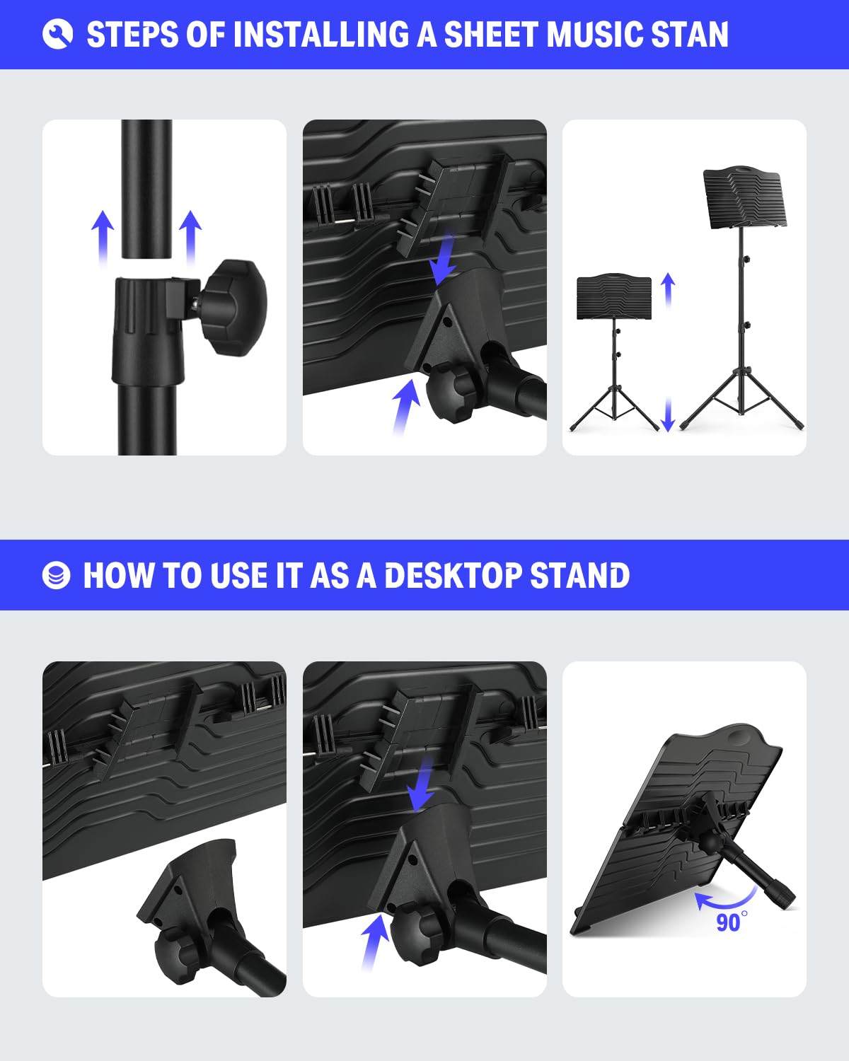 Donner Sheet Music Stand with Light, DMS-1 Portable Metal Ipad Music Stand, Tabletop Music Book Stand for Guitar, Ukulele, Violin Players