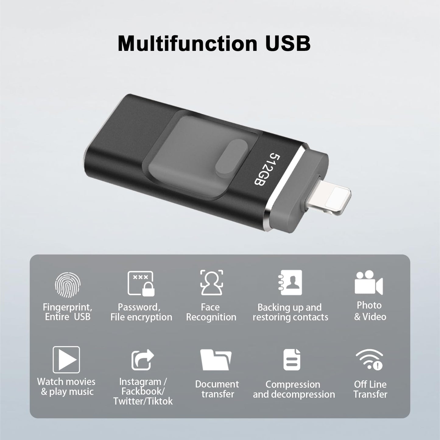 512GB Flash Drive, C USB Flash Drive Thumb Drive Photo Stick, USB Memory Stick for Photos Videos, Smart for iPhone, High Speed Jump Drive Compatible for iPhone/IPad/Android/PC（Black）