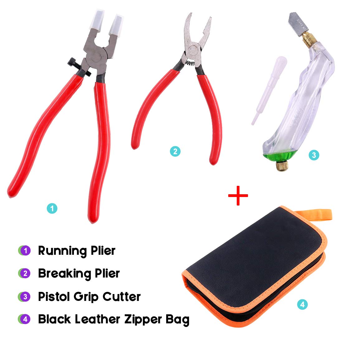 Swpeet Heavy Duty Glass Running Pliers, Breaker Grozer Pliers and Grip Oil Feed Glass Cutter Kit, Professional Stained Glass Cutting Tool with Extra Rubber Tips Perfect for Stained Work