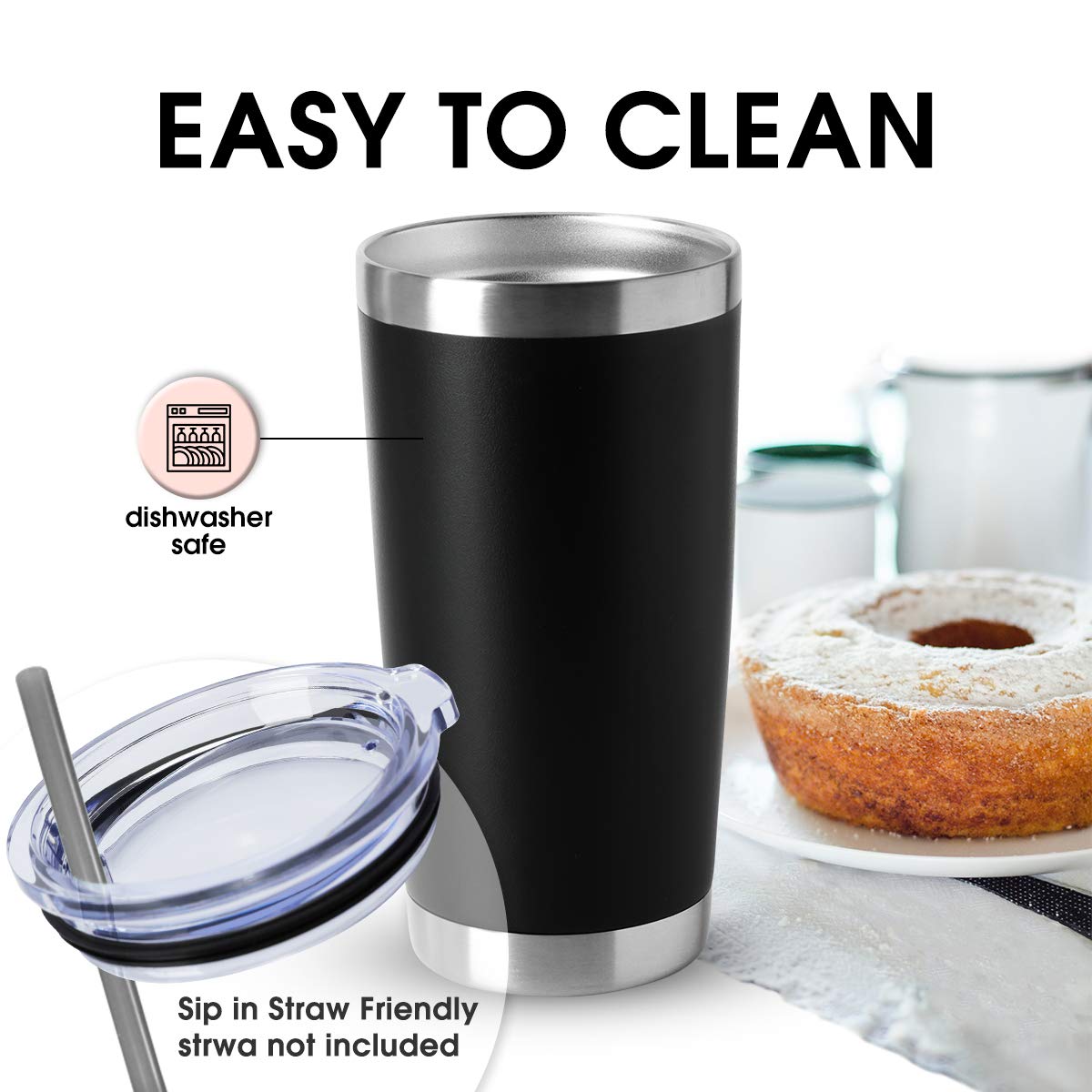 HASLE OUTFITTERS 20oz Tumblers Stainless Steel Mugs with Lid Double Wall Vacuum Insulated Coffee Cups for Cold & Hot Drinks (20oz-Black, 8 Pack)