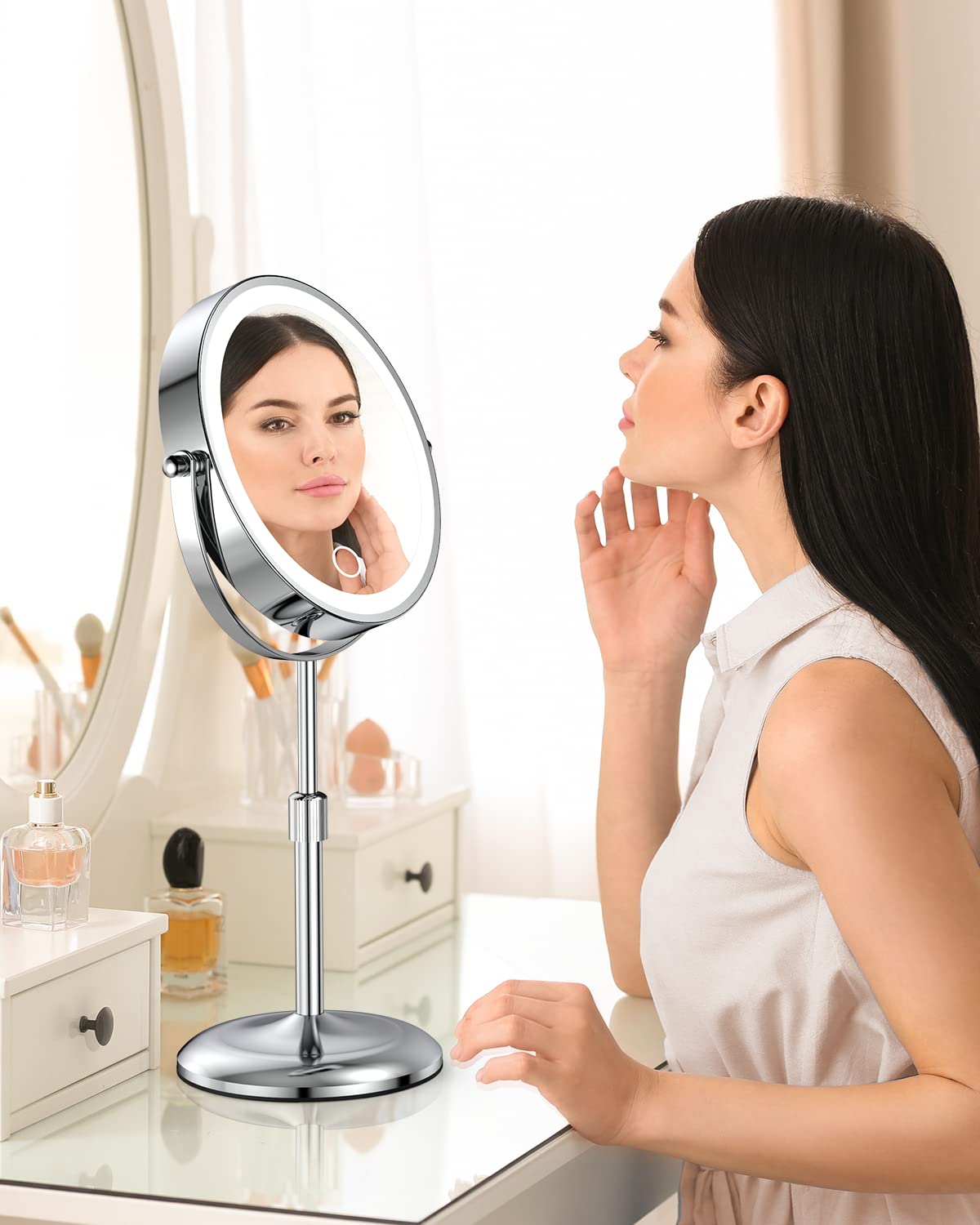 Benbilry Lighted Makeup Mirror with 10X Magnification & 3 Color Lights, Adjustable Brightness & Height, 7 Inch 360° Swivel Rechargeable LED Magnifying Make Up Mirror with Lighting (Silver)