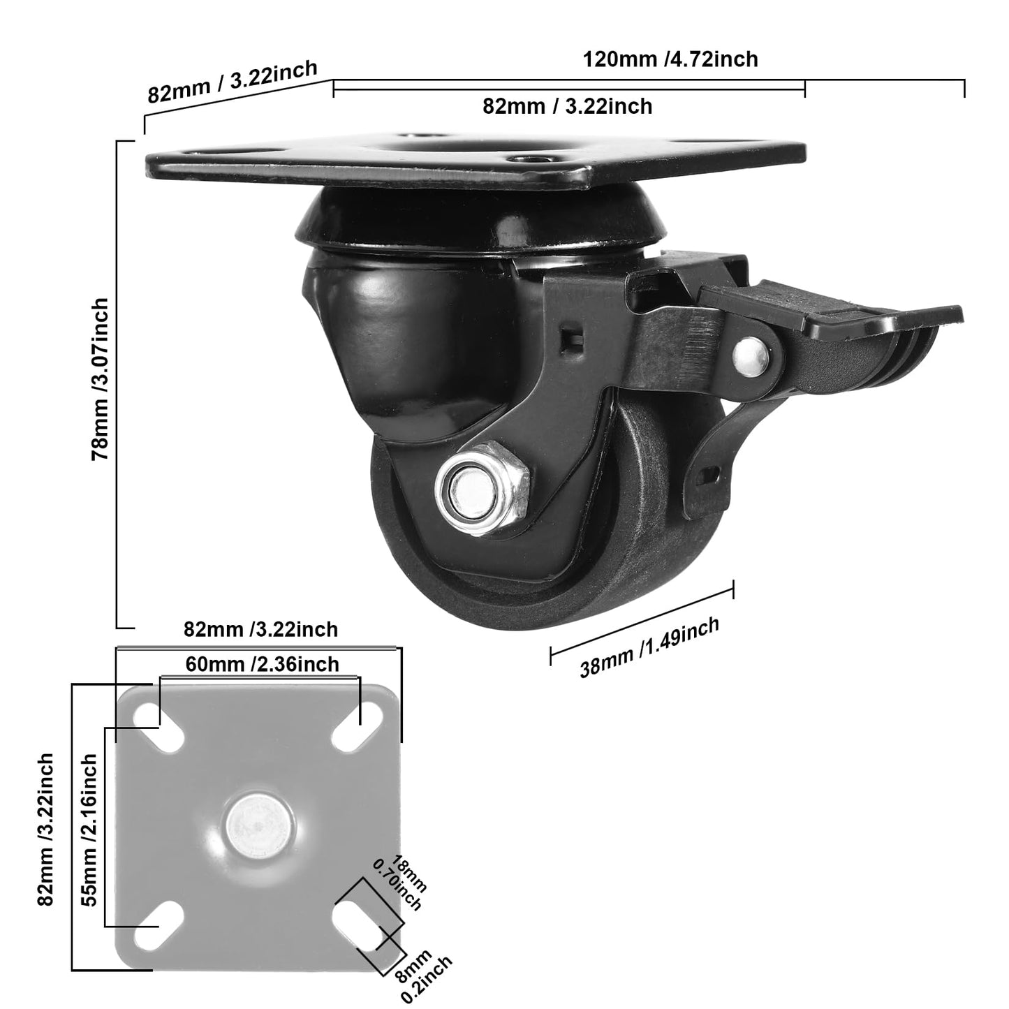 W B D WEIBIDA 2” Plate Swivel Caster Wheels Set of 4 Heavy Duty, Load Capacity 2200lbs, Low Gravity Center Design Black Caster Wheels Dual Locking, Durable & Quiet & Sturdy Nylon Wheels for Industrial